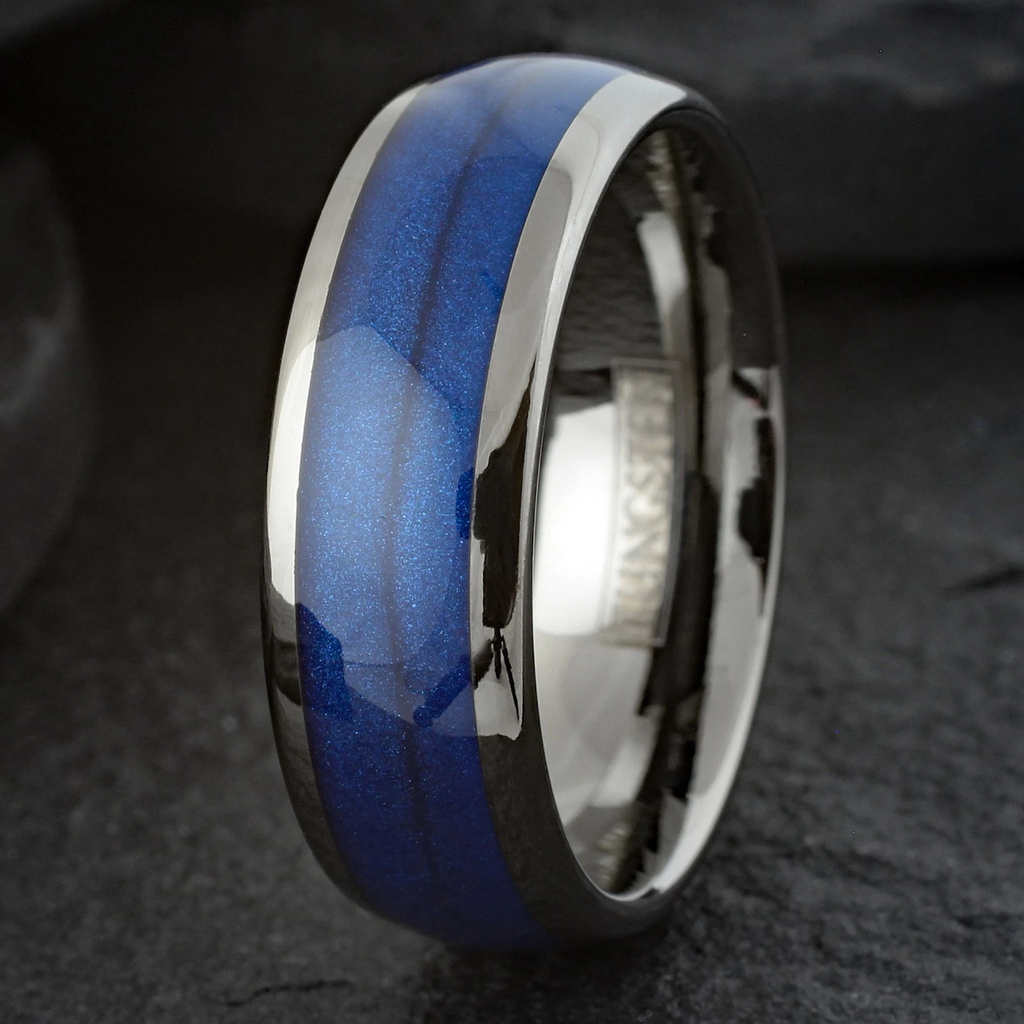 Gunmetal Tungsten Carbide Ring Blue Flowing Sand Wedding Band 8mm