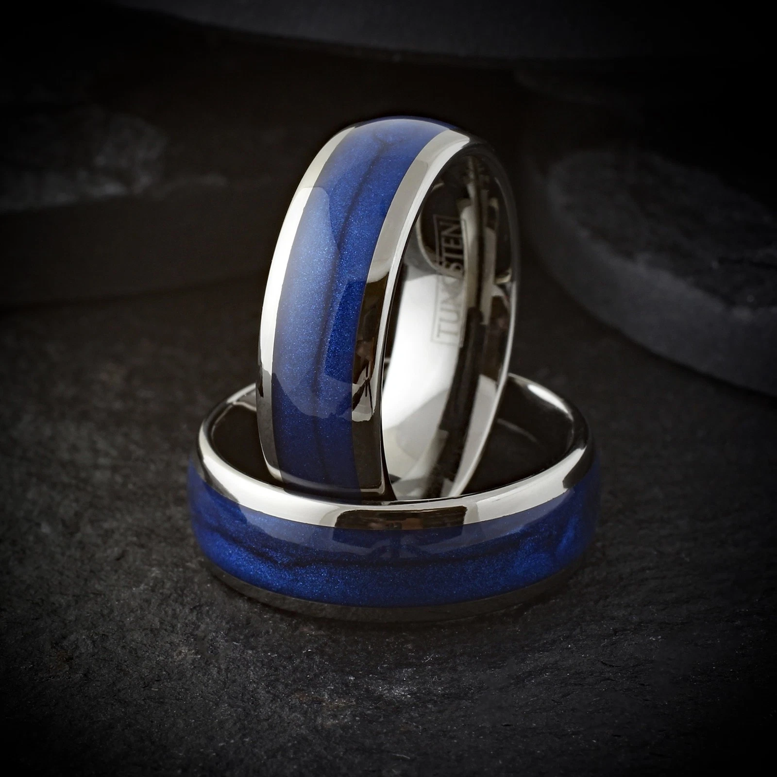 Gunmetal Tungsten Carbide Ring Blue Flowing Sand Wedding Band 8mm