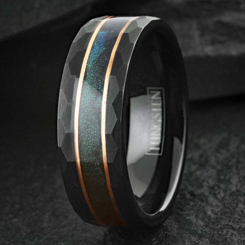 Black Brushed Tungsten Carbide Ring Green Sand Rose Gold Plated Stripe Band 8mm