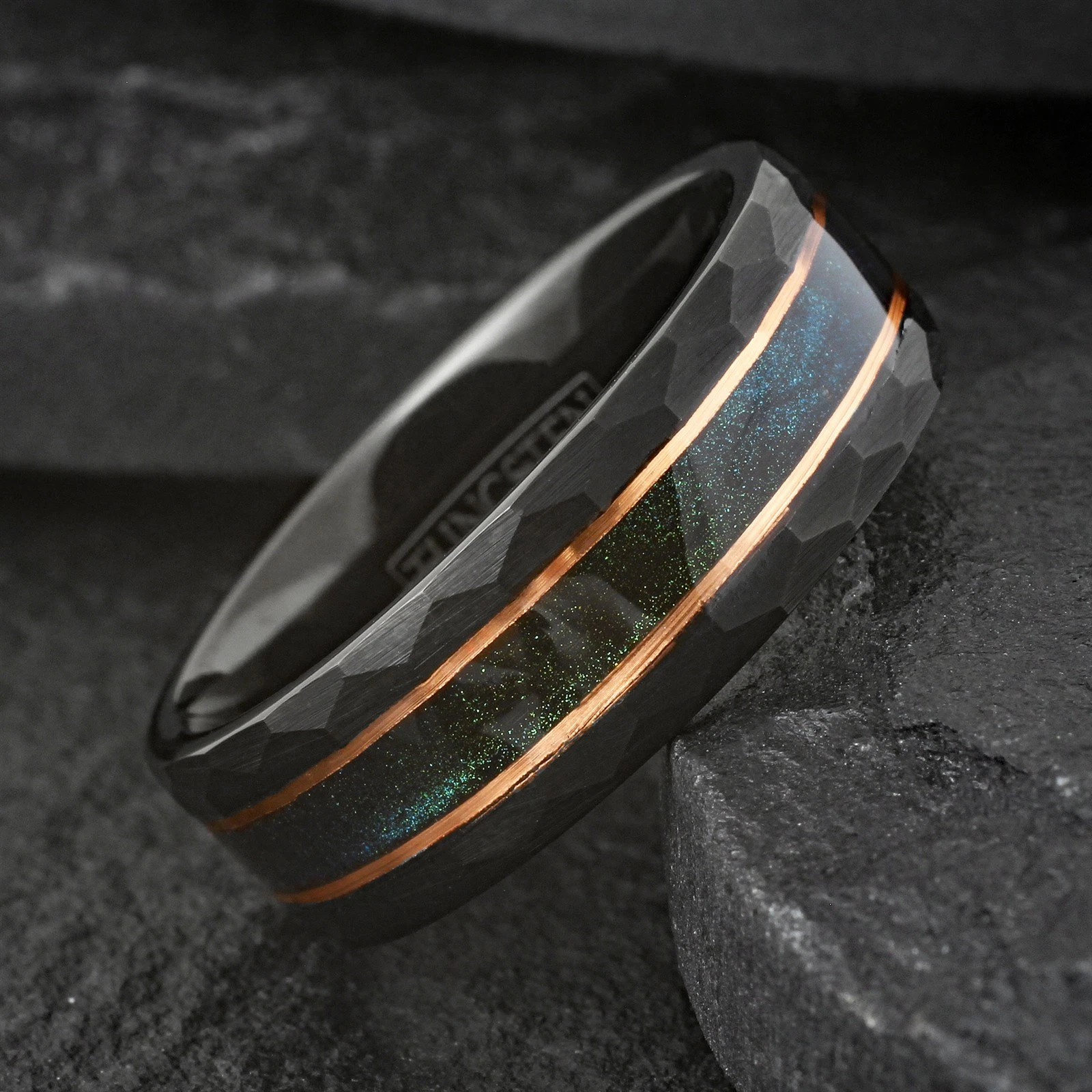Black Brushed Tungsten Carbide Ring Green Sand Rose Gold Plated Stripe Band 8mm