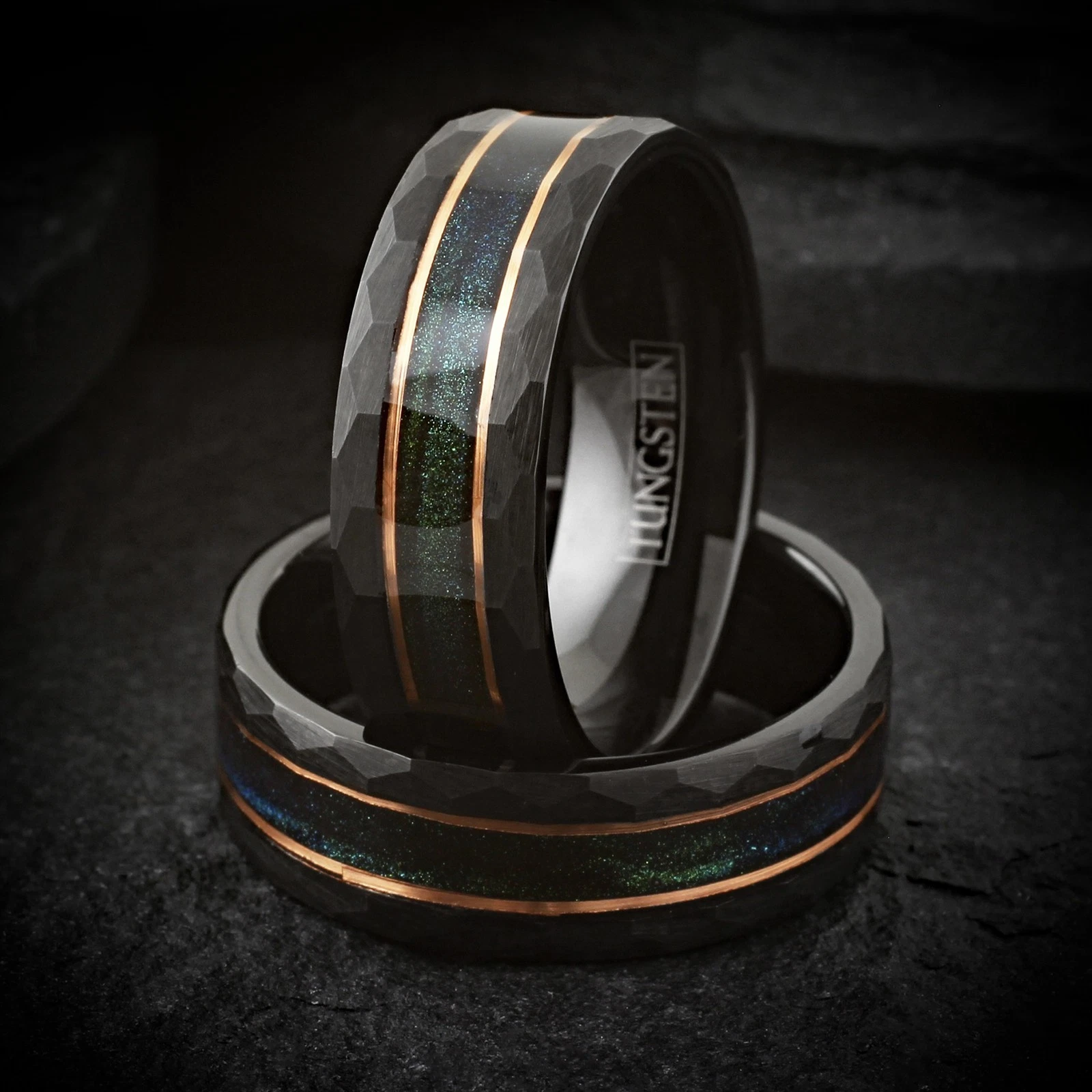 Black Brushed Tungsten Carbide Ring Green Sand Rose Gold Plated Stripe Band 8mm