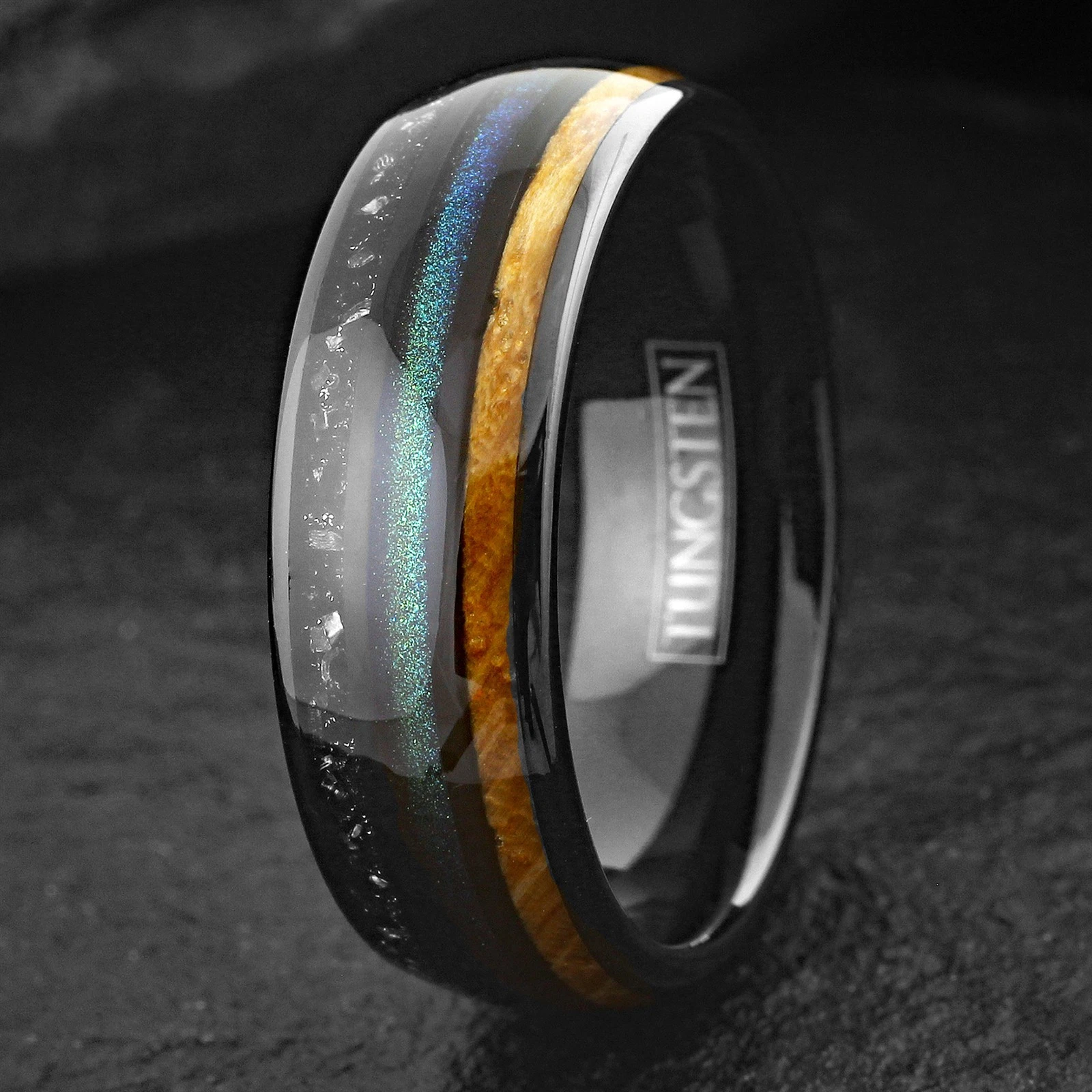 Black Tungsten Carbide Ring Green Sand Whiskey Barrel Wood Faux Meteorite Band 8mm