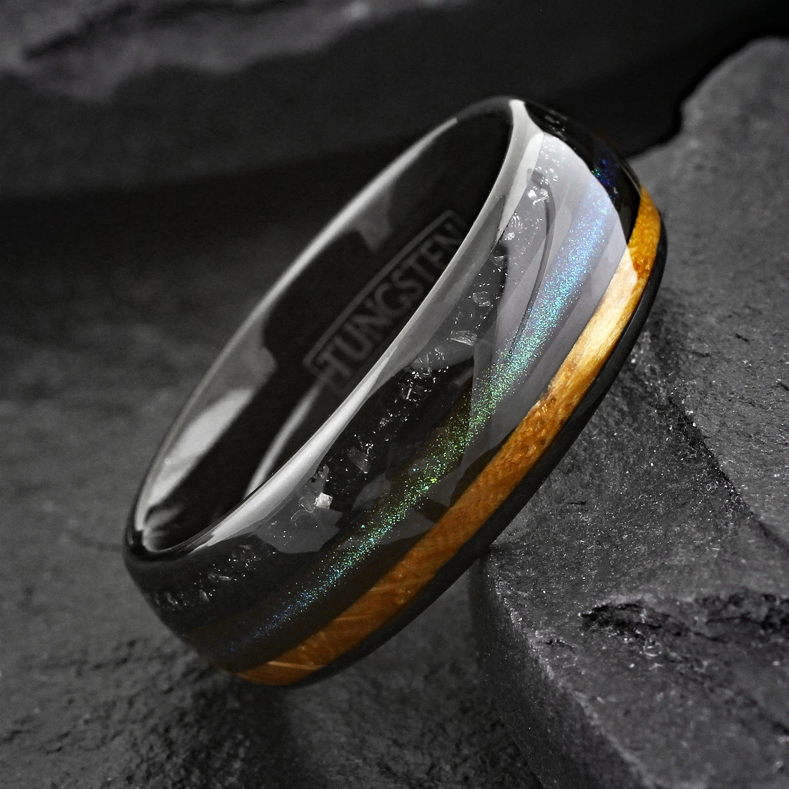 Black Tungsten Carbide Ring Green Sand Whiskey Barrel Wood Faux Meteorite Band 8mm