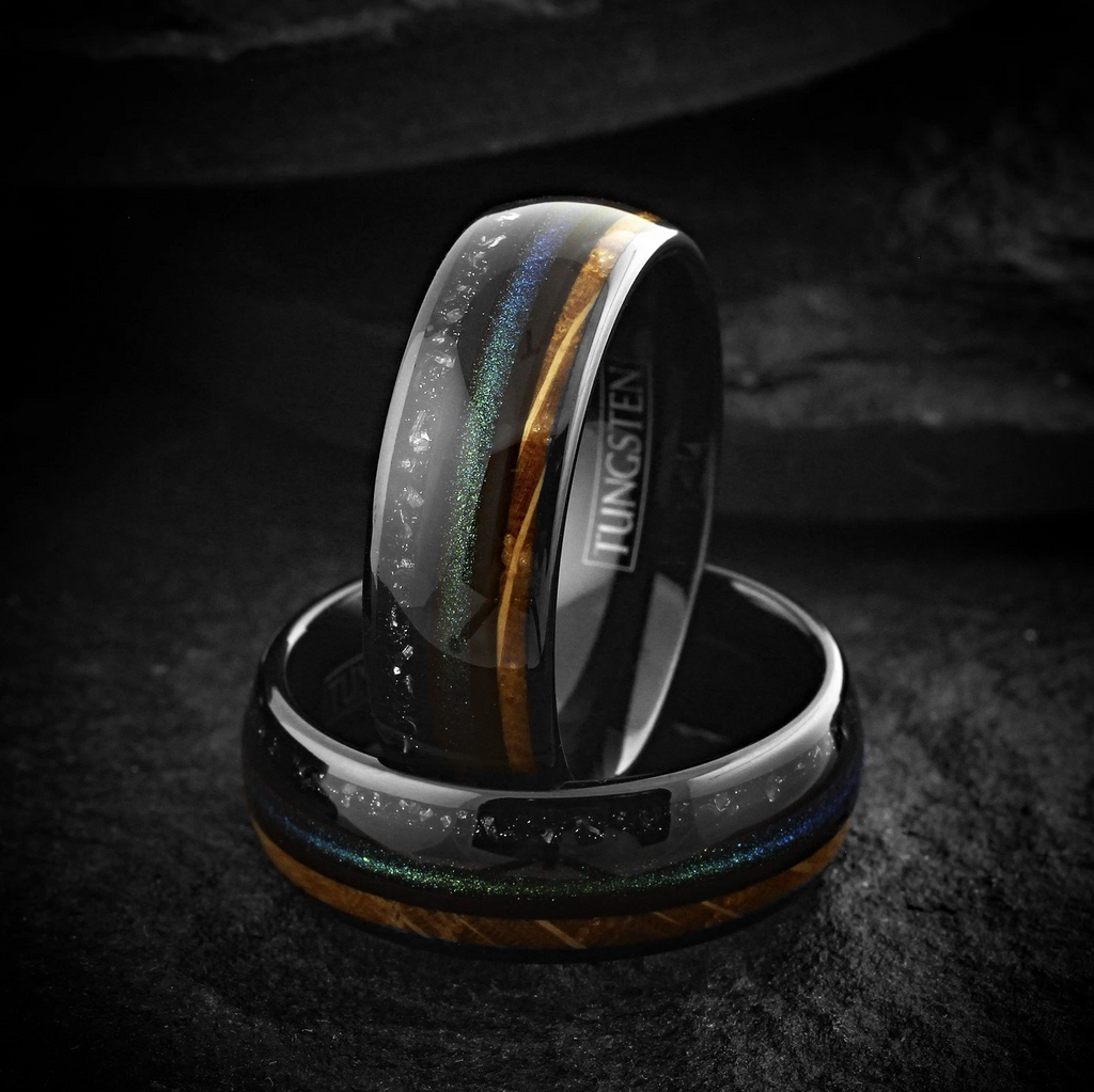 Black Tungsten Carbide Ring Green Sand Whiskey Barrel Wood Faux Meteorite Band 8mm