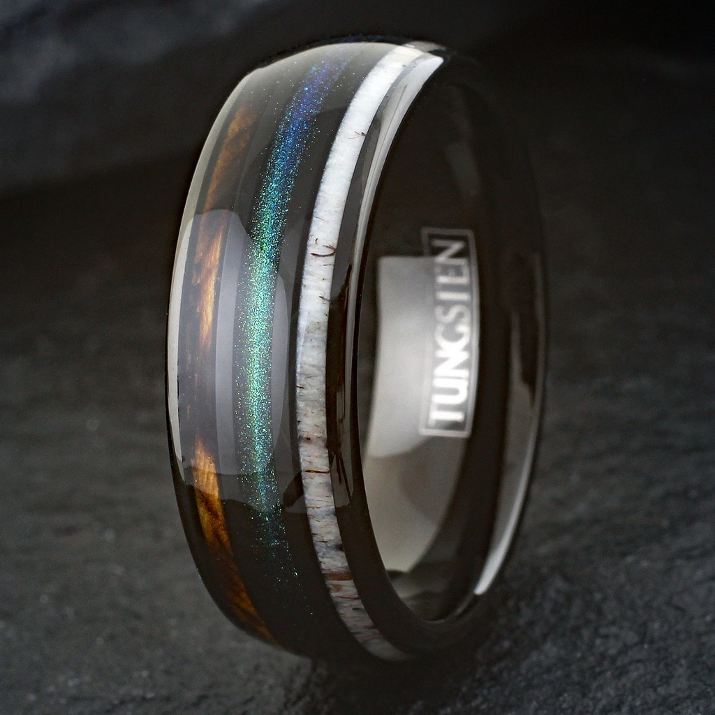 Black Tungsten Carbide Ring Green Sand Whiskey Barrel Wood Deer Antler Band 8mm