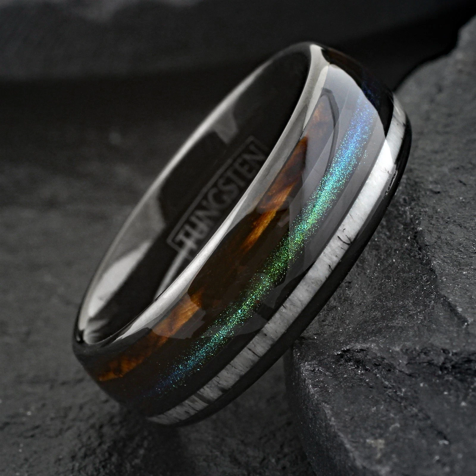 Black Tungsten Carbide Ring Green Sand Whiskey Barrel Wood Deer Antler Band 8mm