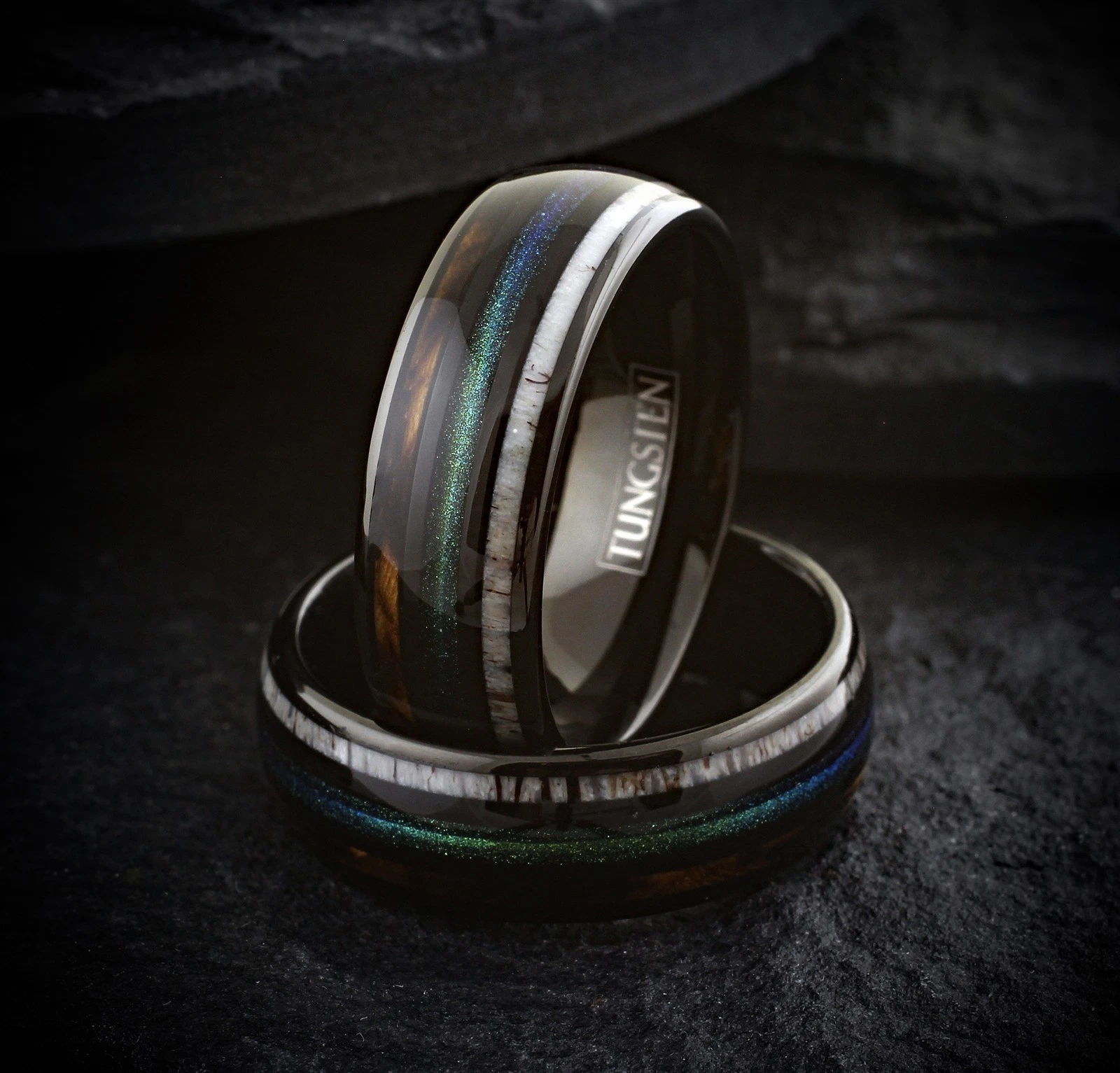 Black Tungsten Carbide Ring Green Sand Whiskey Barrel Wood Deer Antler Band 8mm