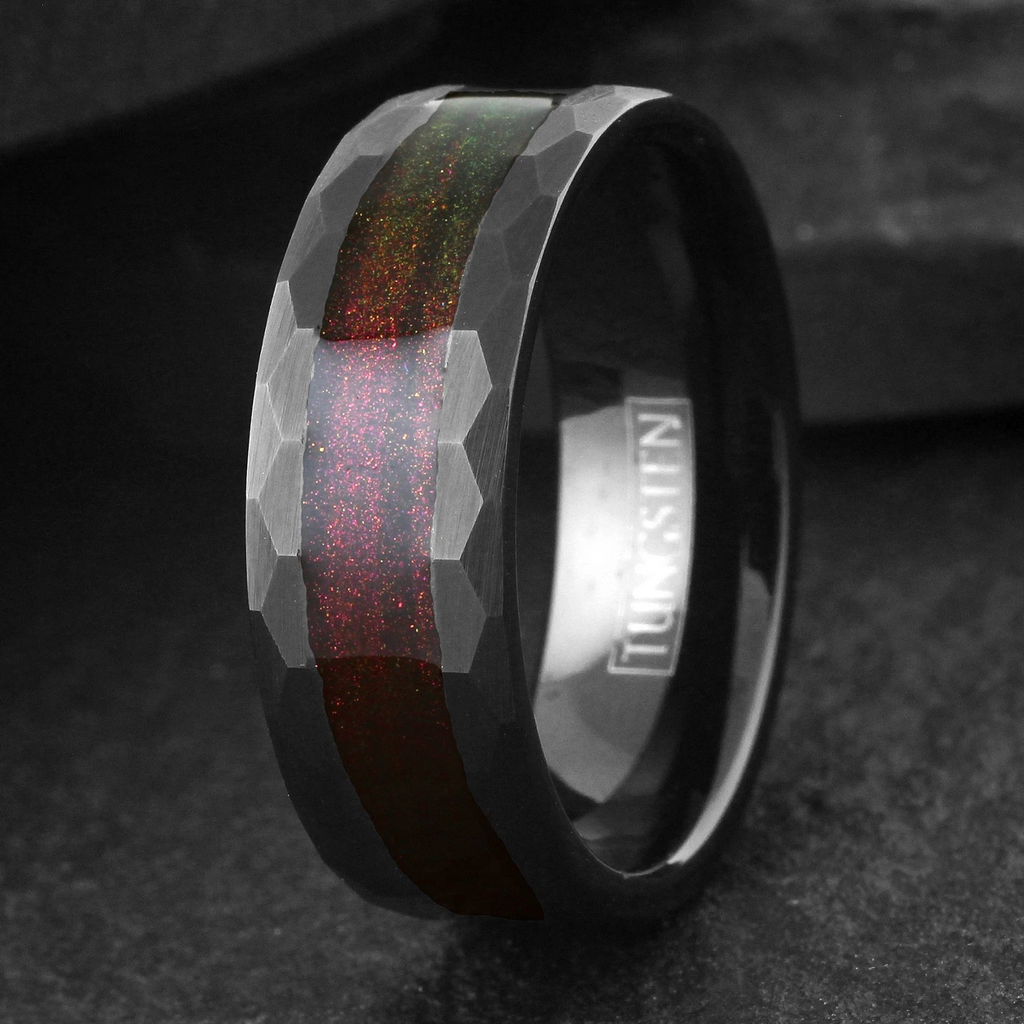 Black Brushed Faceted Tungsten Carbide Ring Red Flowing Sand Wedding Band 8mm
