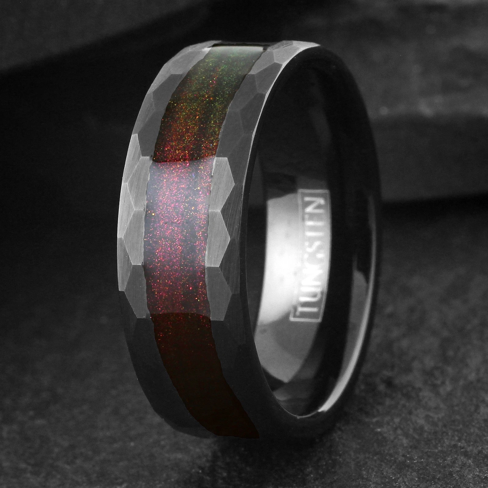 Black Brushed Faceted Tungsten Carbide Ring Red Flowing Sand Wedding Band 8mm