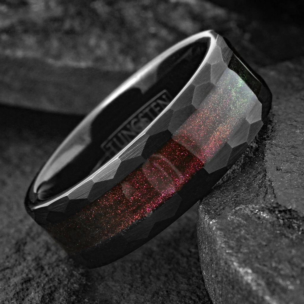 Black Brushed Faceted Tungsten Carbide Ring Red Flowing Sand Wedding Band 8mm
