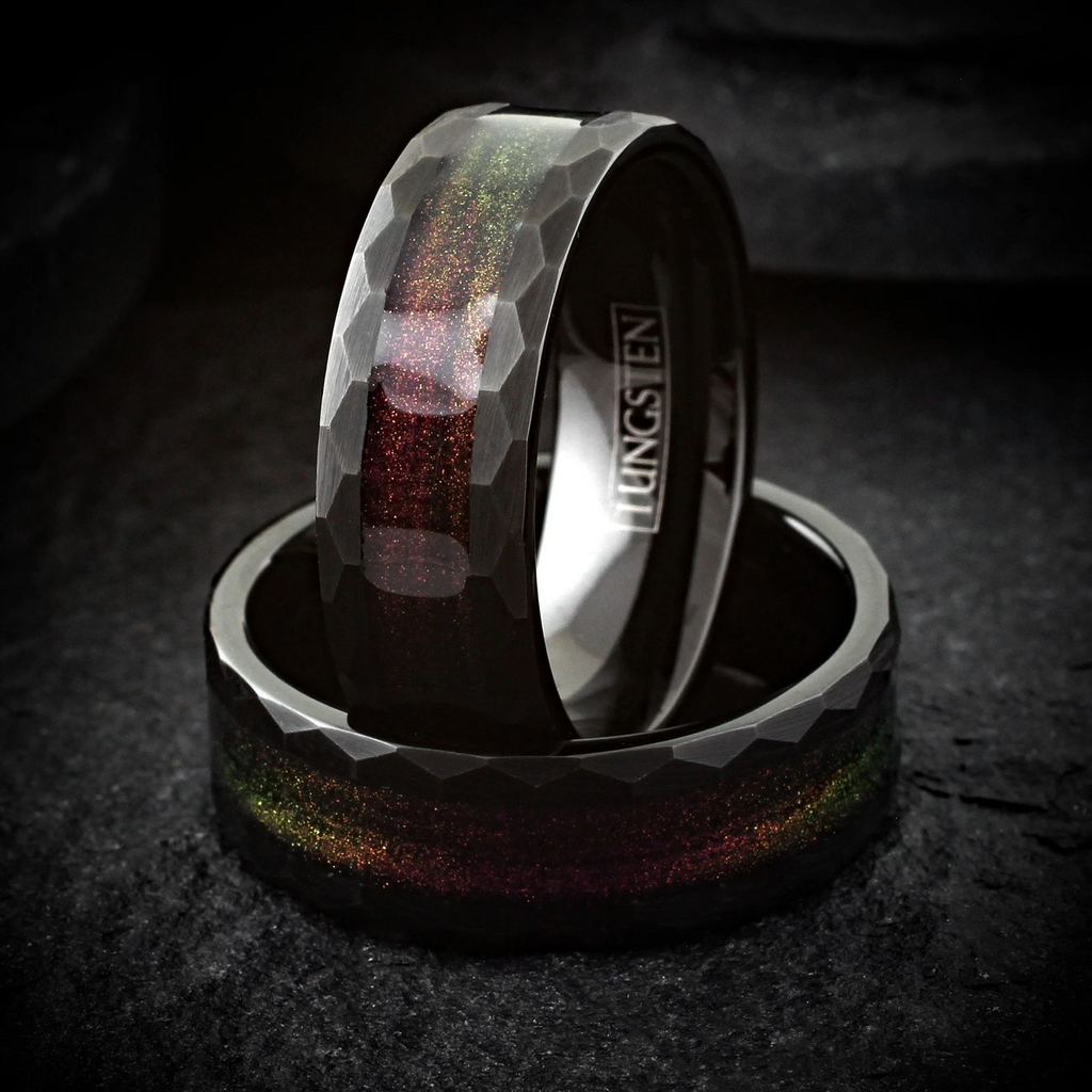 Black Brushed Faceted Tungsten Carbide Ring Red Flowing Sand Wedding Band 8mm