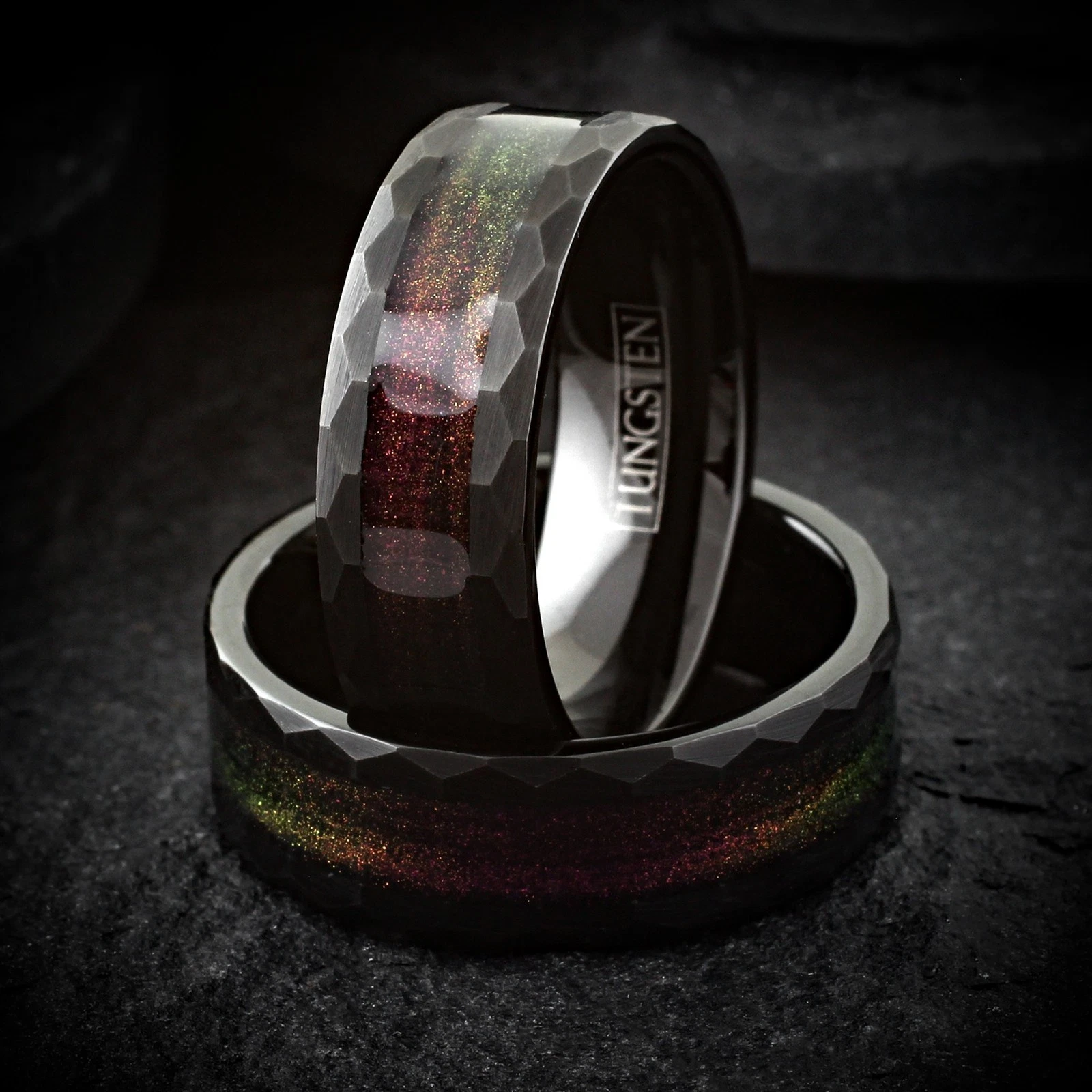 Black Brushed Faceted Tungsten Carbide Ring Red Flowing Sand Wedding Band 8mm