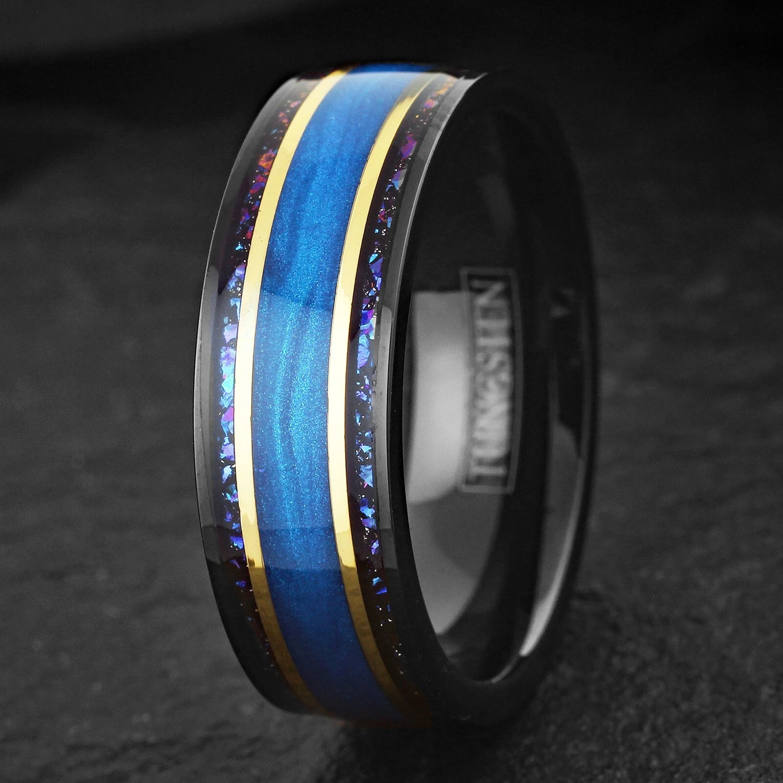 Black Tungsten Carbide Wedding Band Blue Sand Blue and Purple for Men