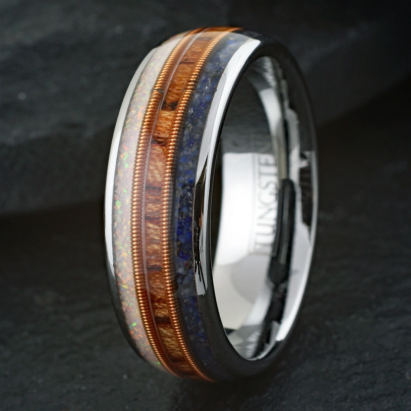 Silver Tungsten Carbide Ring with Blue Lapis Rosewood & Opal with Guitar String for Men