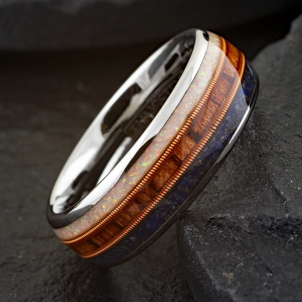 Silver Tungsten Carbide Ring with Blue Lapis Rosewood & Opal with Guitar String for Men