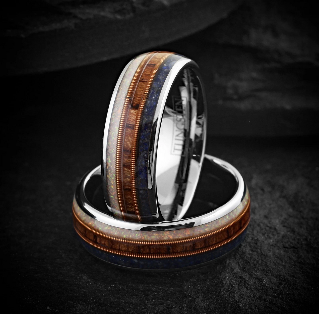 Silver Tungsten Carbide Ring with Blue Lapis Rosewood & Opal with Guitar String for Men