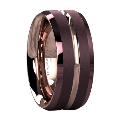 Men's Wedding Band Rings - Brushed Brown Rose Gold Groove Stripe - Wedding Rings for Men and Women