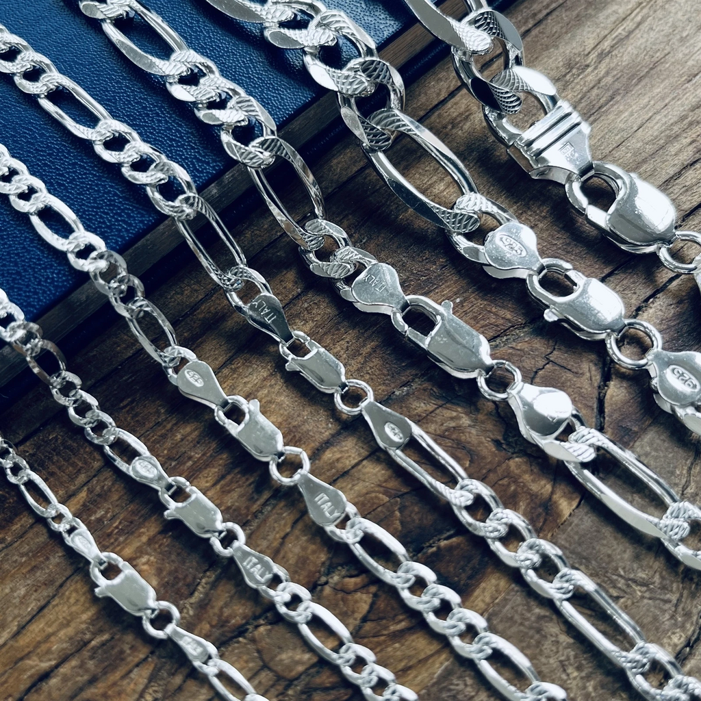 925 Sterling Silver Bracelets Figaro Diamond Cut for Men and Women