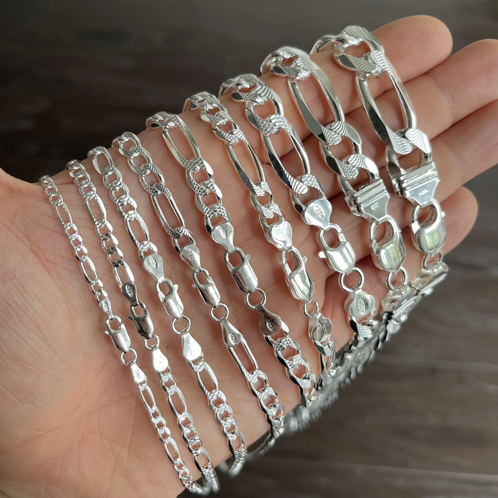 925 Sterling Silver Bracelets Figaro Diamond Cut for Men and Women
