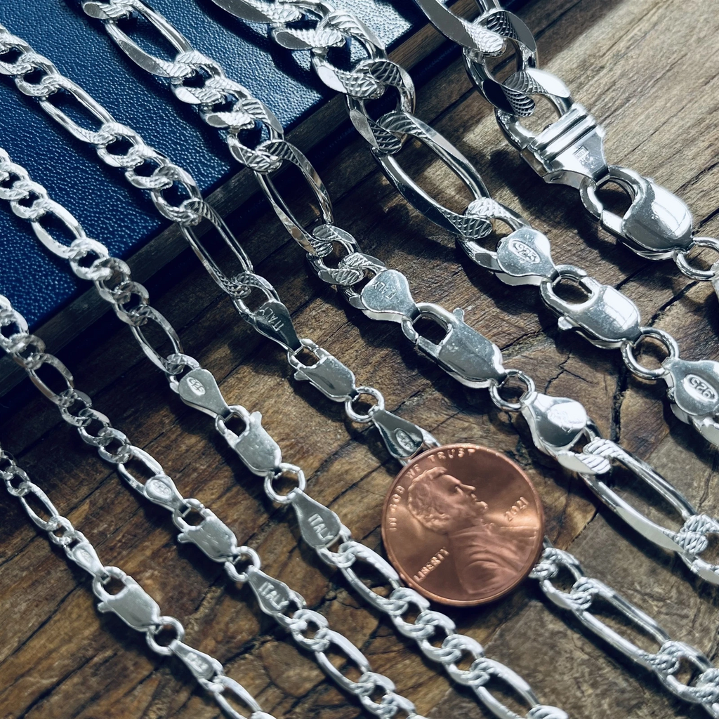 925 Sterling Silver Bracelets Figaro Diamond Cut for Men and Women