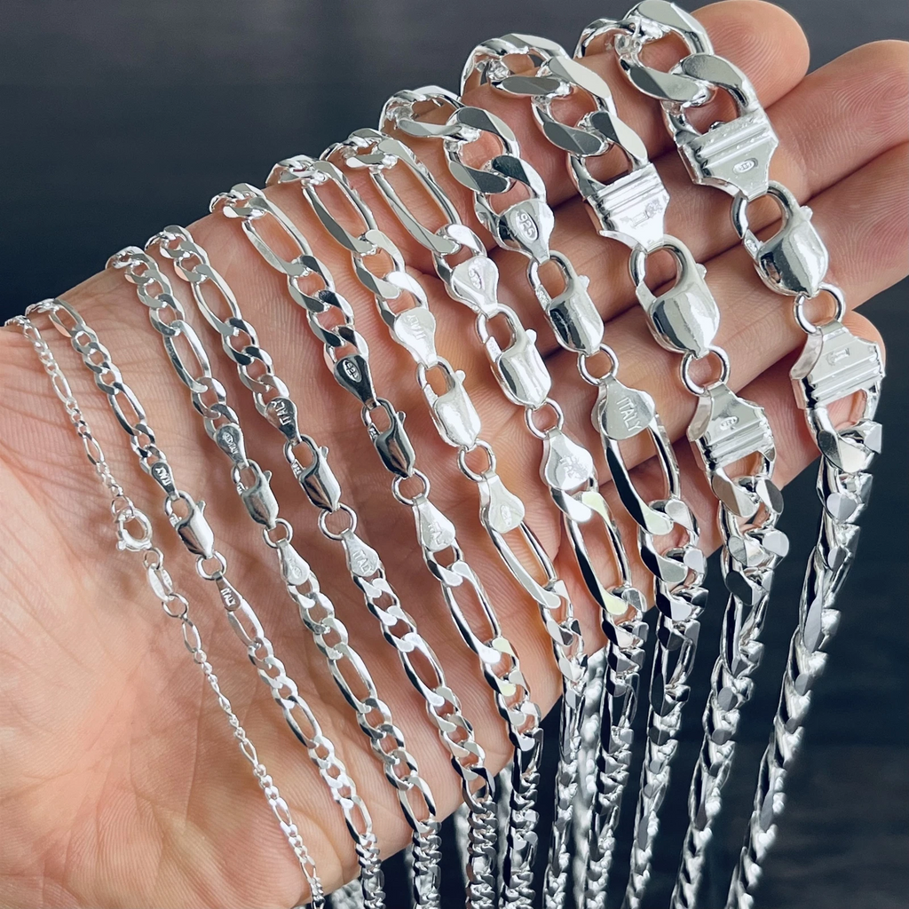Necklace for Men Women Real Solid 925 Sterling Silver Italian Figaro Chain