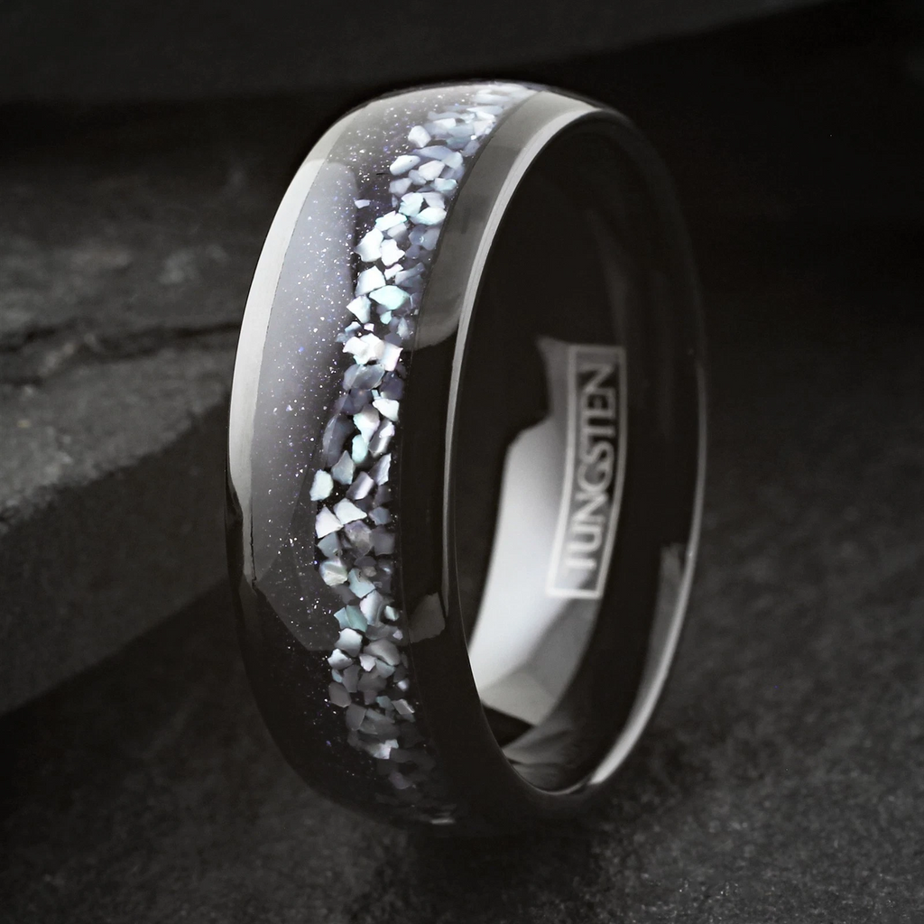 Black Tungsten Carbide Men's Ring Mother of Pearl & Blue Galaxy Sandstone Band 8mm
