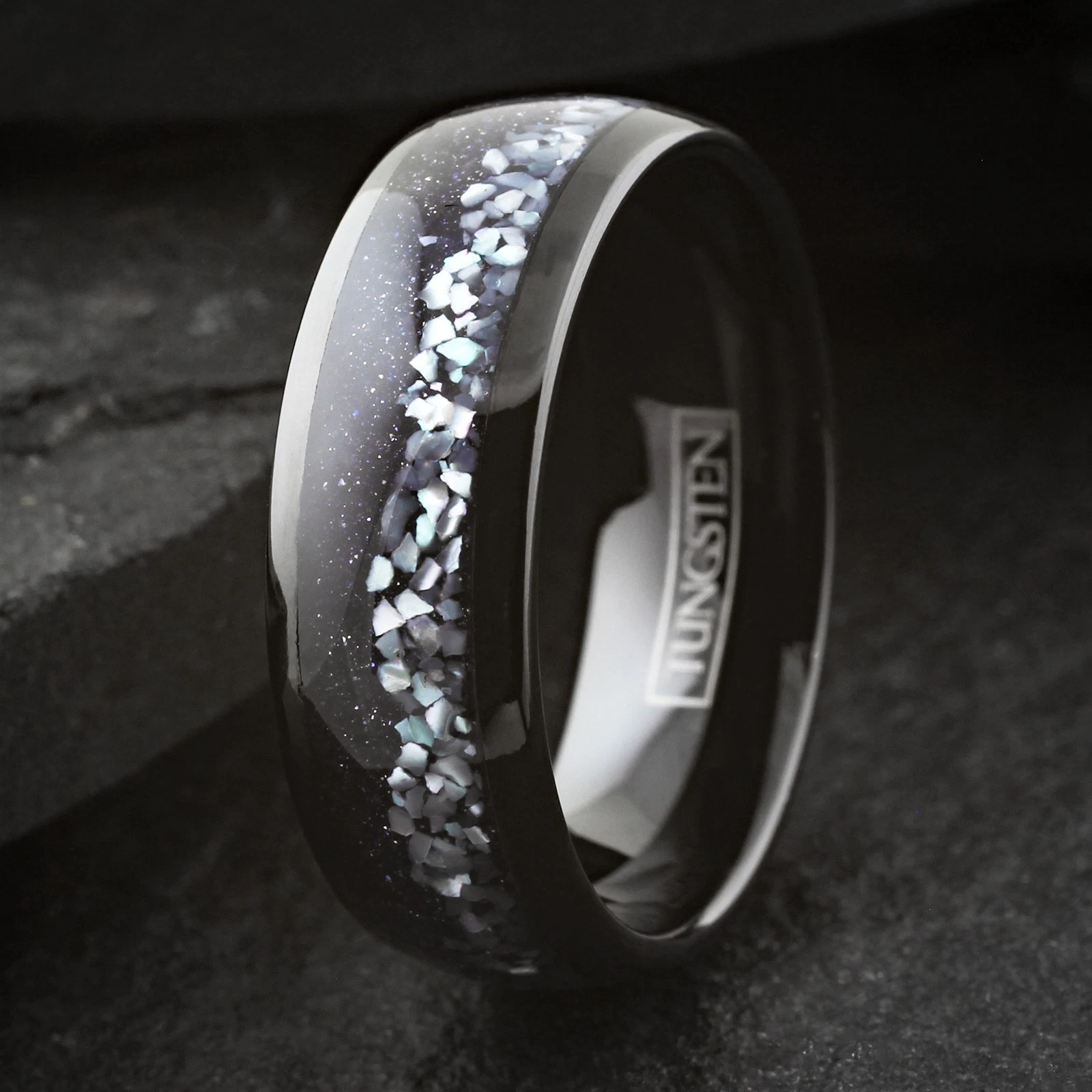 Black Tungsten Carbide Men's Ring Mother of Pearl & Blue Galaxy Sandstone Band 8mm