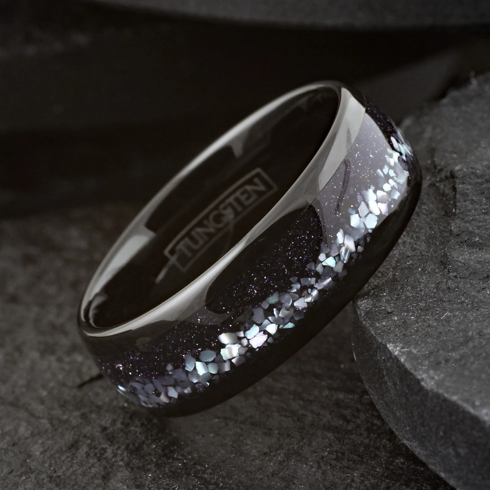 Black Tungsten Carbide Men's Ring Mother of Pearl & Blue Galaxy Sandstone Band 8mm
