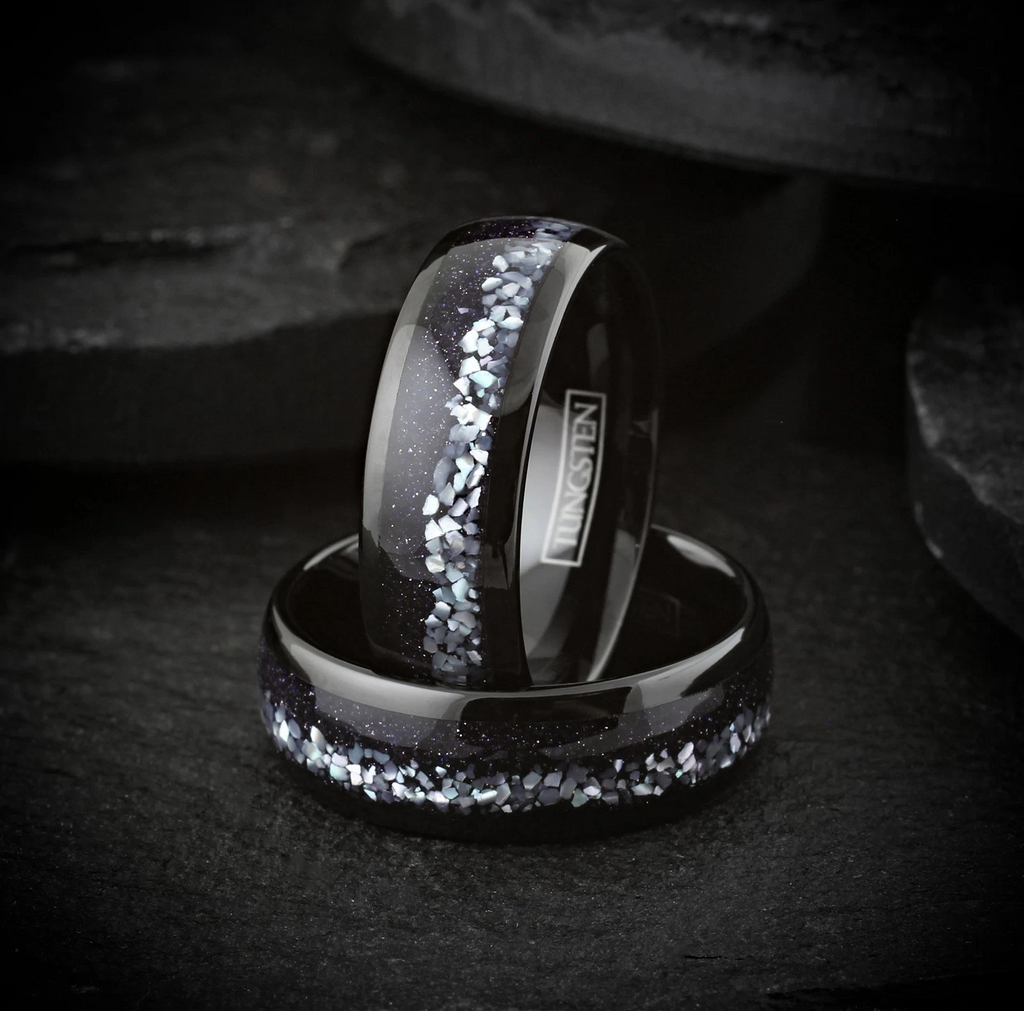 Black Tungsten Carbide Men's Ring Mother of Pearl & Blue Galaxy Sandstone Band 8mm