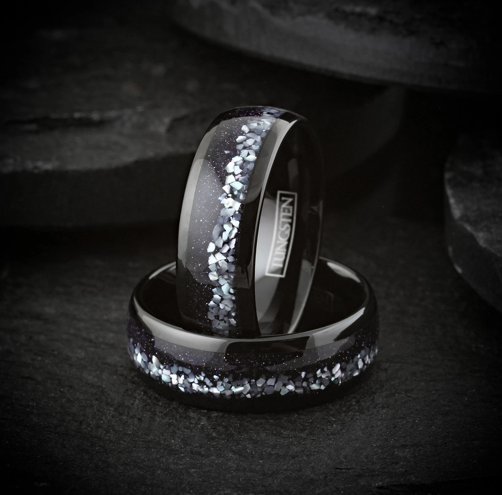 Black Tungsten Carbide Men's Ring Mother of Pearl & Blue Galaxy Sandstone Band 8mm