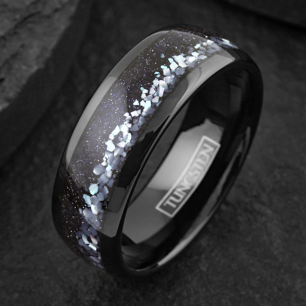 Black Tungsten Carbide Men's Ring Mother of Pearl & Blue Galaxy Sandstone Band 8mm