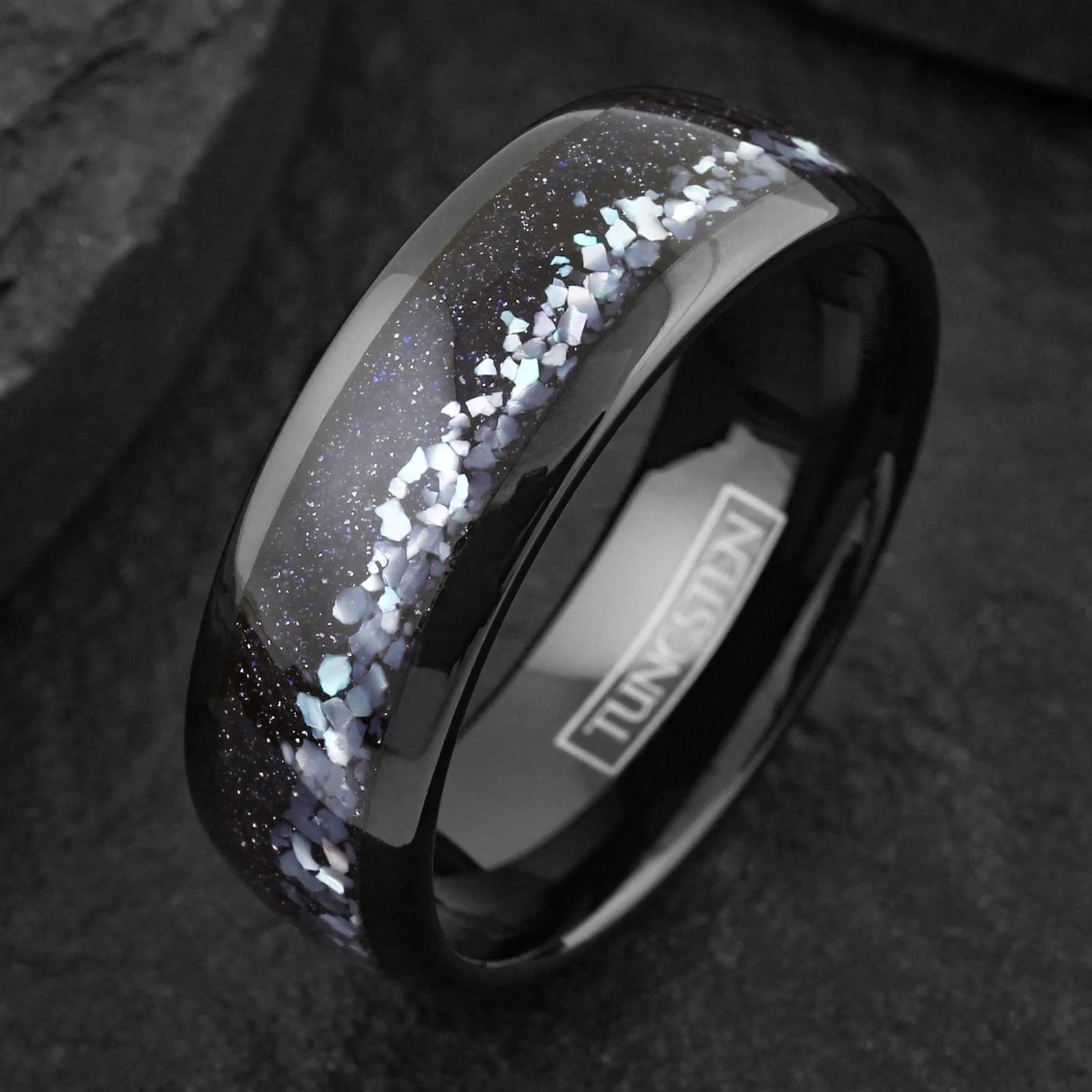 Black Tungsten Carbide Men's Ring Mother of Pearl & Blue Galaxy Sandstone Band 8mm