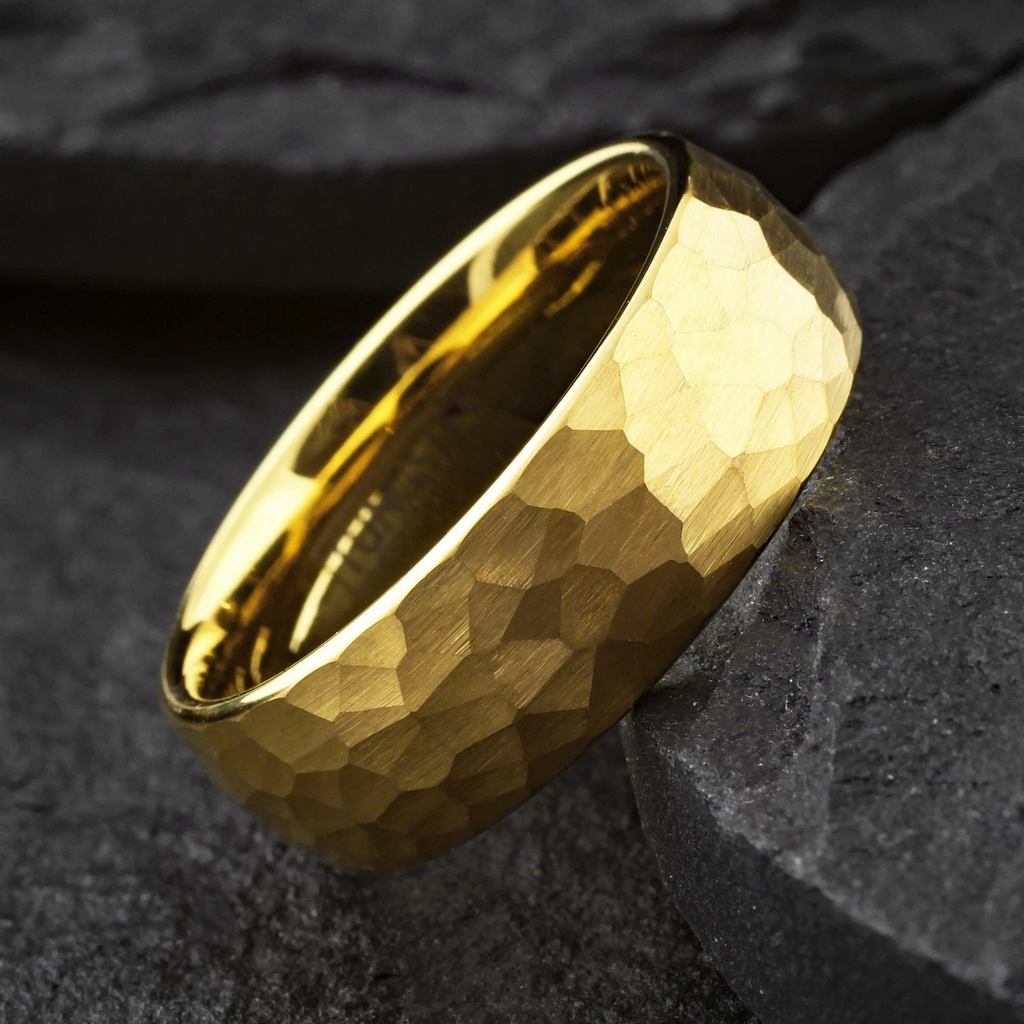 Men's Yellow Gold Hammered Brush Dome Wedding Band Ring - Women's/Men's Wedding Rings