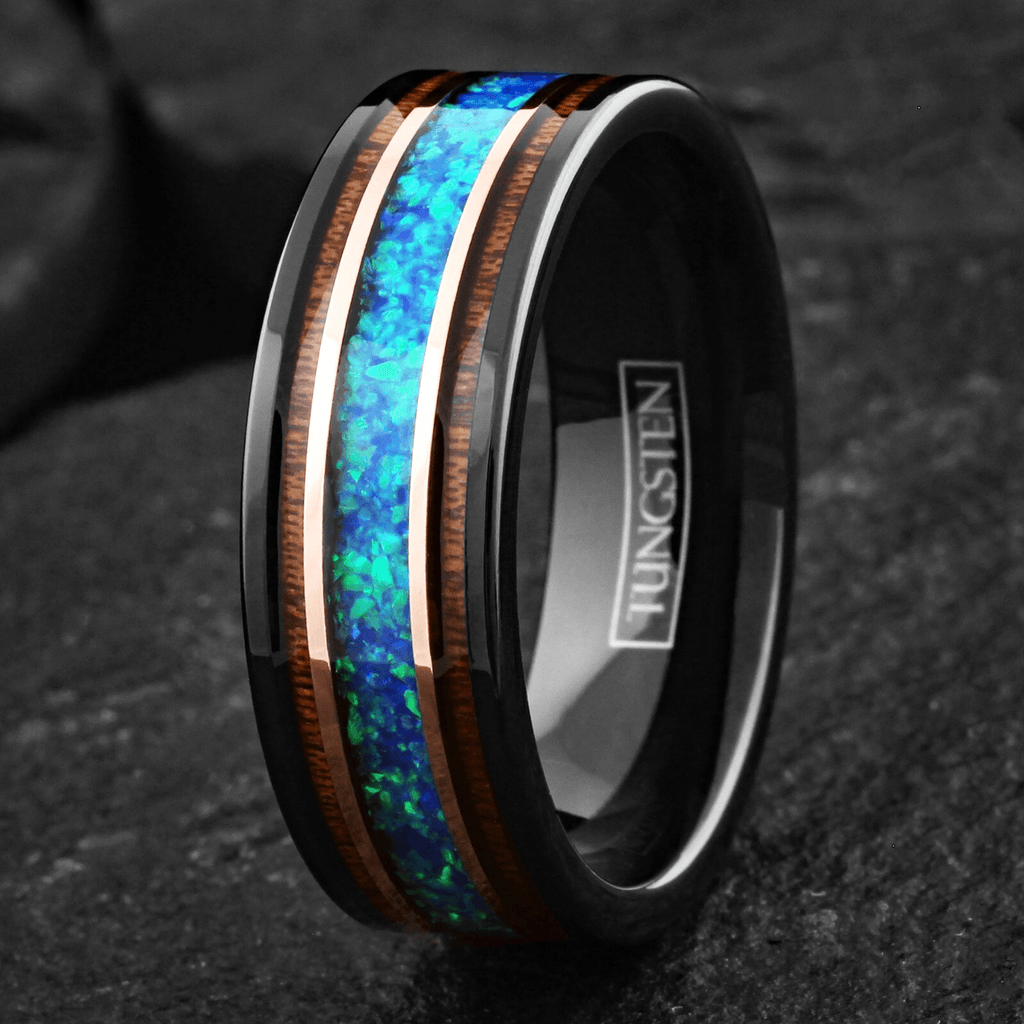Black Rose Gold Wedding Band Ring for Men Tungsten Carbide Blue Teal Opal Rosewood Wedding Ring - Jewelry Store by Erik Rayo