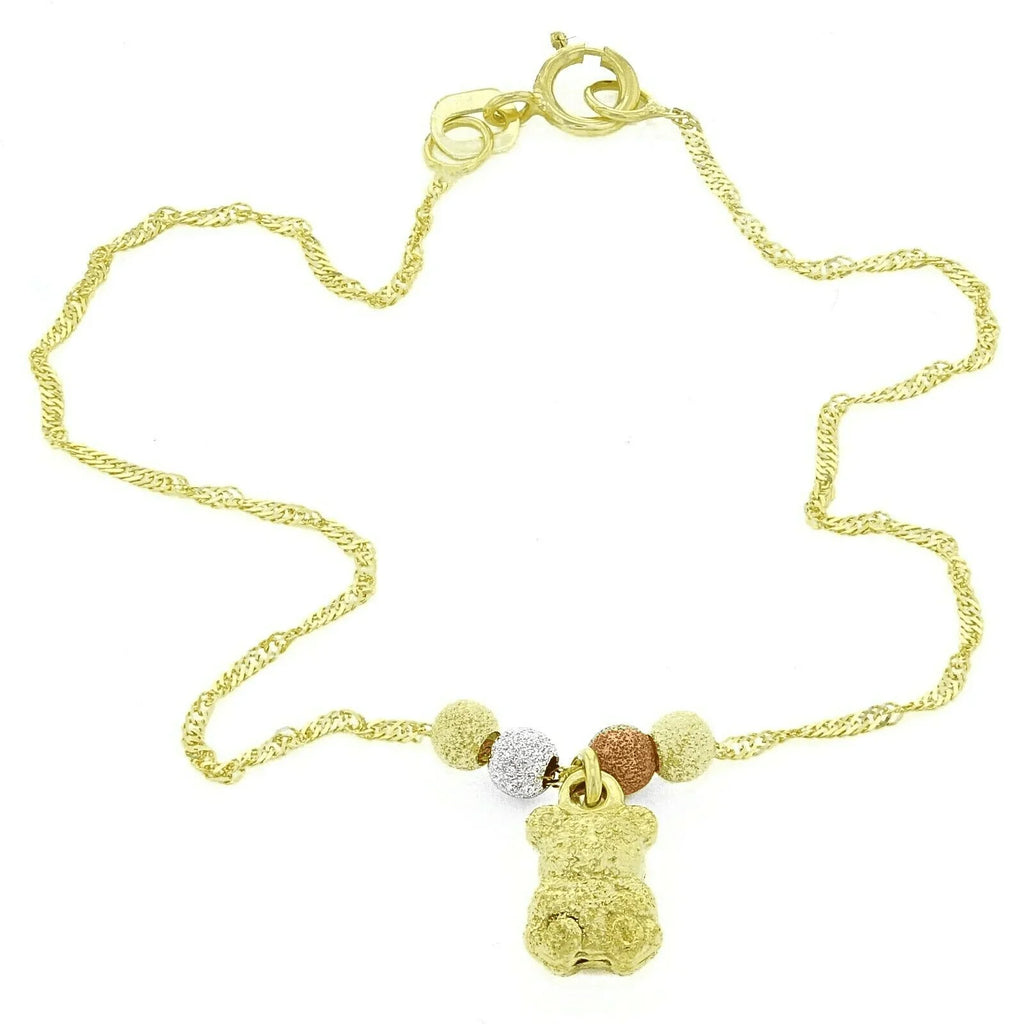 14k Tri Color Gold Ball Beads Teddy Bear Charm Bracelet Singapore Chain 7" 1.1g - Jewelry Store by Erik Rayo