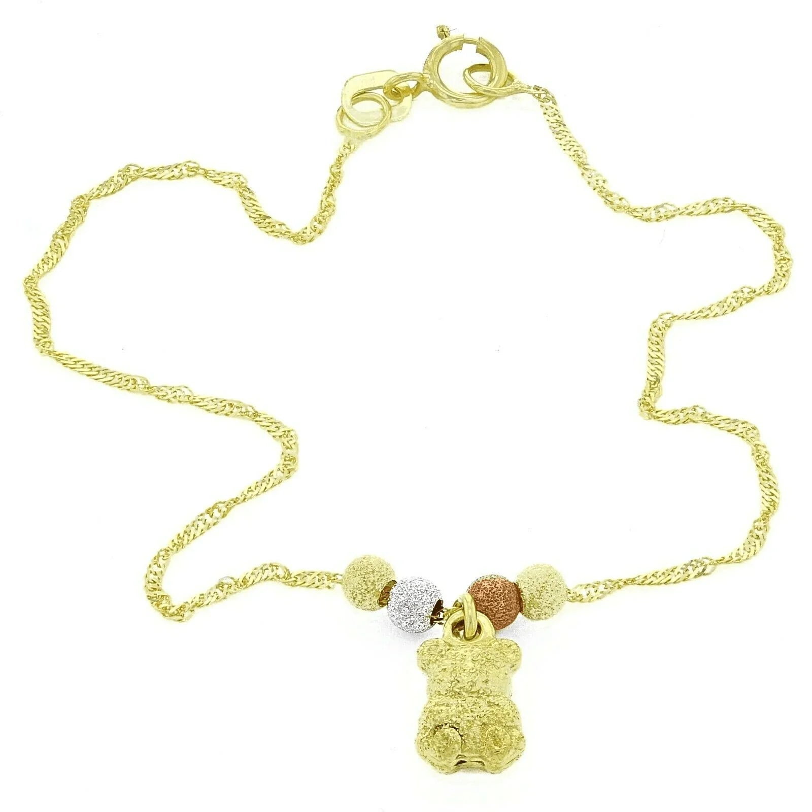 14k Tri Color Gold Ball Beads Teddy Bear Charm Bracelet Singapore Chain 7" 1.1g - Jewelry Store by Erik Rayo