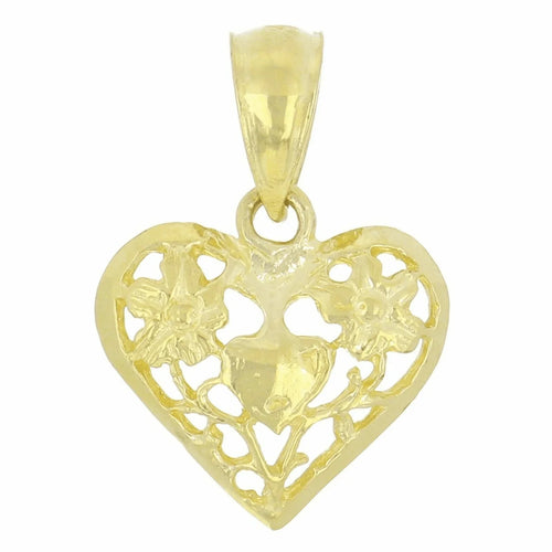 14k Yellow Gold Solid Filigree Heart with Flowers Charm Pendant 0.8 gram - Jewelry Store by Erik Rayo