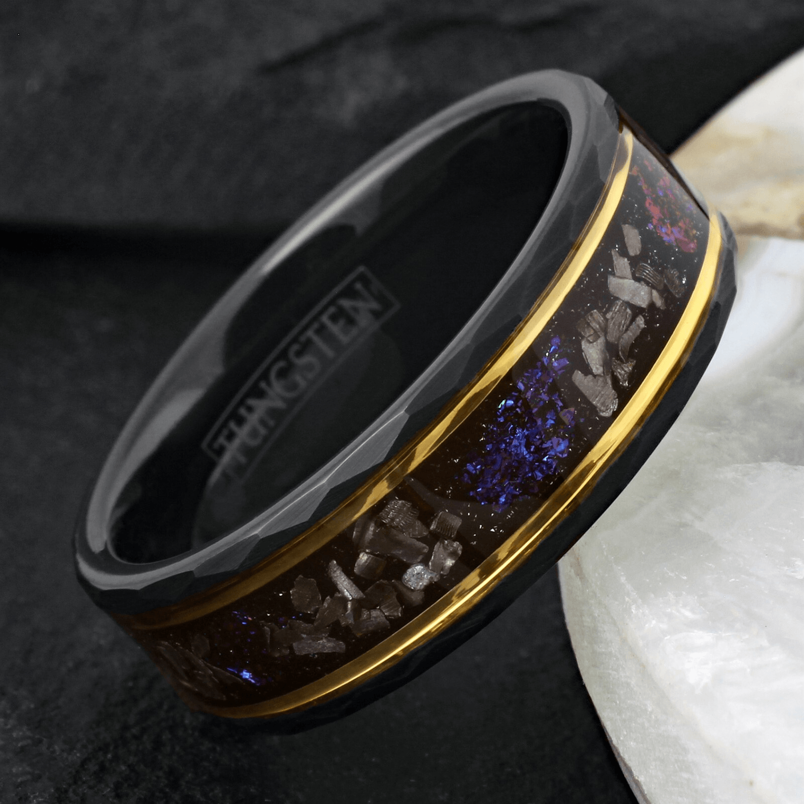 Wedding Band Ring Black Tungsten Carbide Meteorite Blue Galaxy Ring for Men and Women