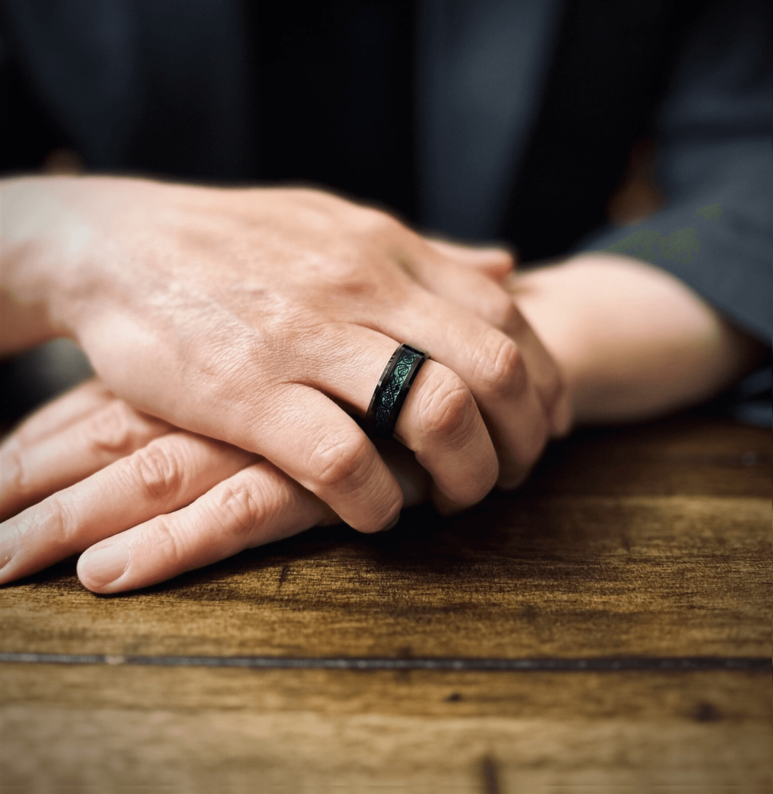 Unique Black Tungsten Carbide Wedding Band Ring for Men & Women – Green Celtic Dragon Design - Jewelry Store by Erik Rayo