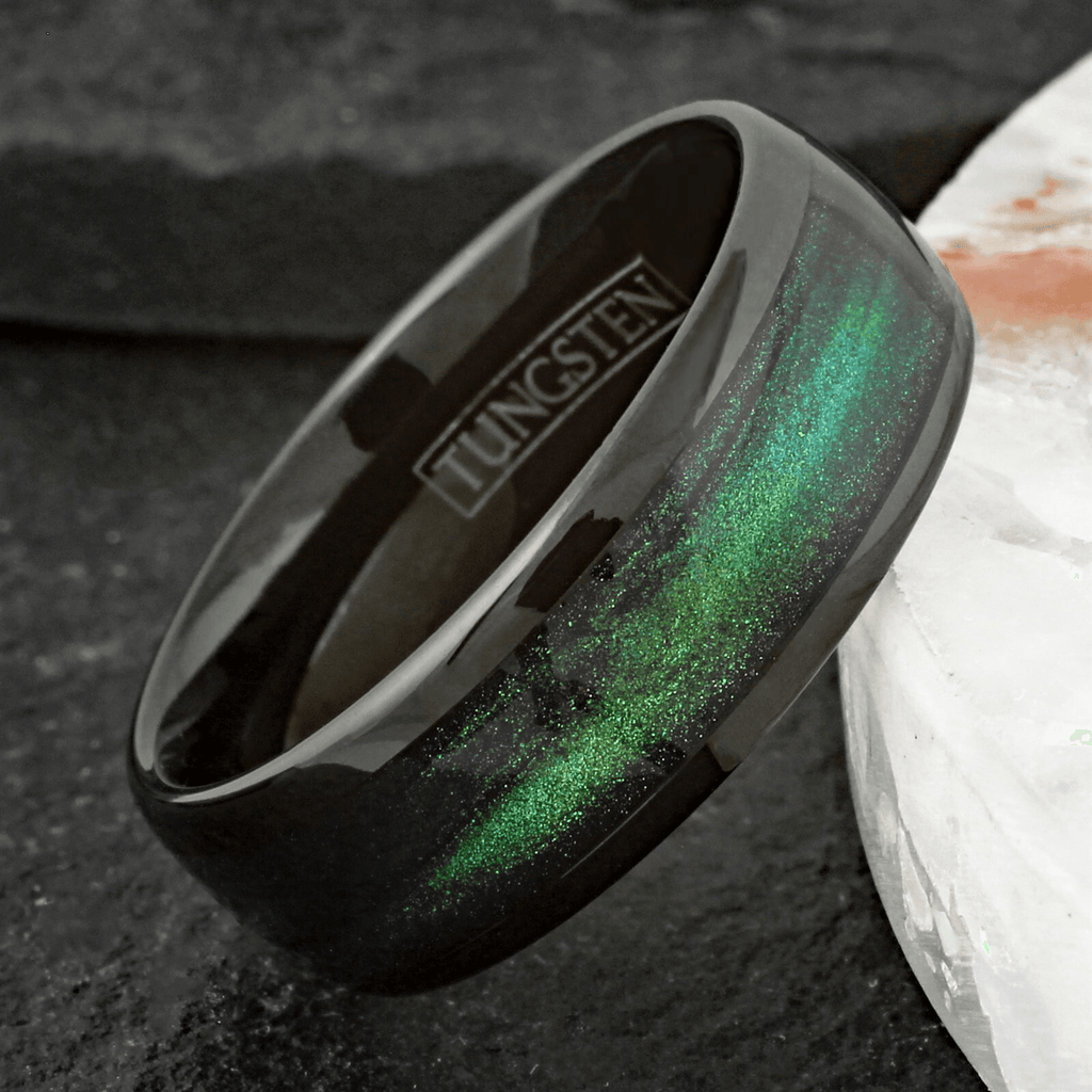 Wedding Band Ring for Men Black Tungsten Carbide Green Flowing Sand - Jewelry Store by Erik Rayo