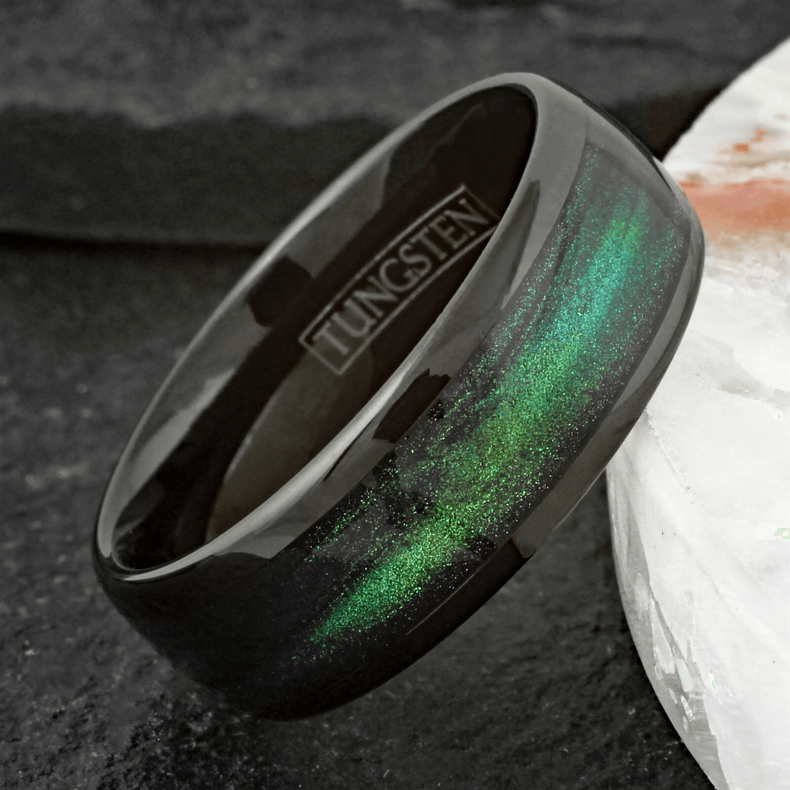 Wedding Band Ring for Men Black Tungsten Carbide Green Flowing Sand - Jewelry Store by Erik Rayo