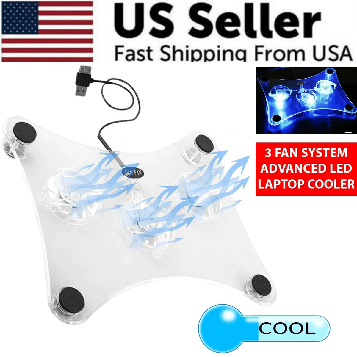 3 Fans USB Cooler Cooling Pad Stand LED Light Radiator For Laptop PC Notebook - Jewelry Store by Erik Rayo
