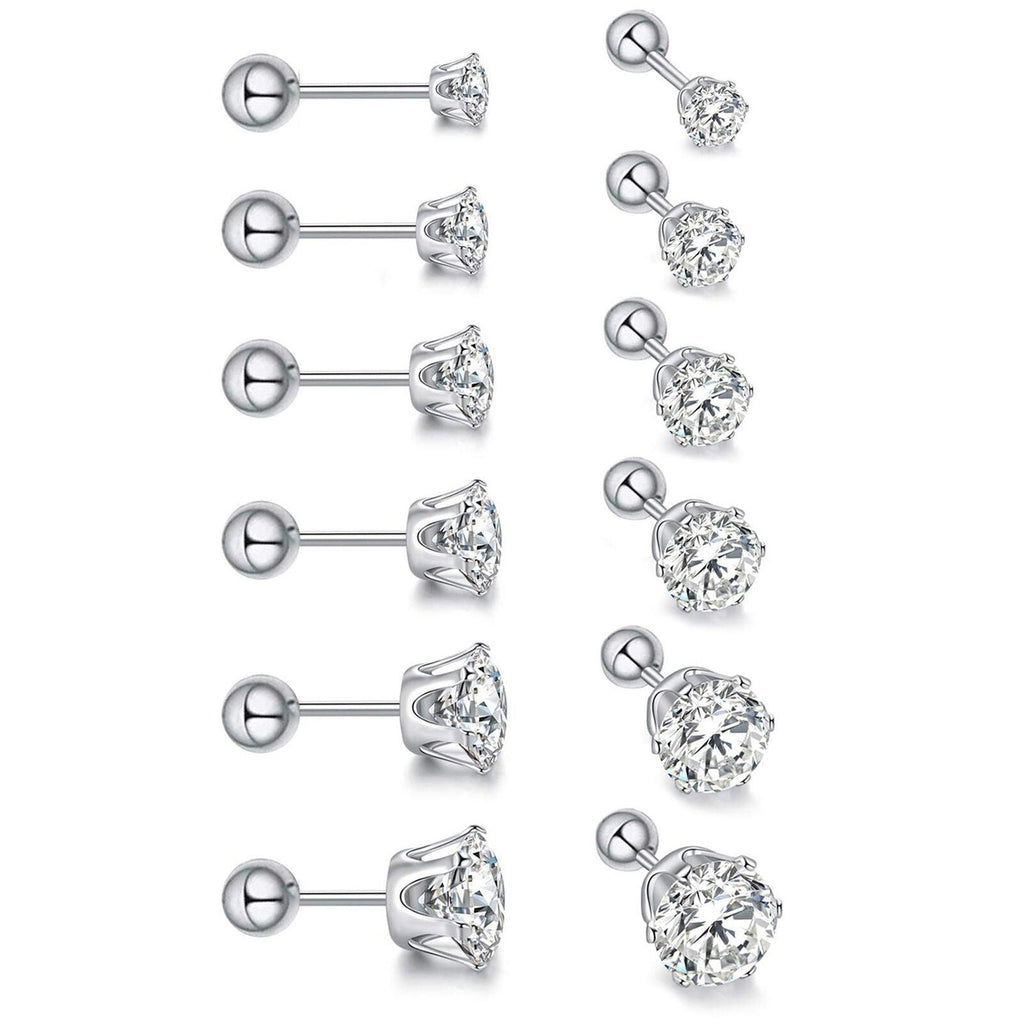 Stud Earrings with Roundback 6 Pair Stainless Steel Round Cubic Zirconia for Men Women Children and Babies - Jewelry Store by Erik Rayo