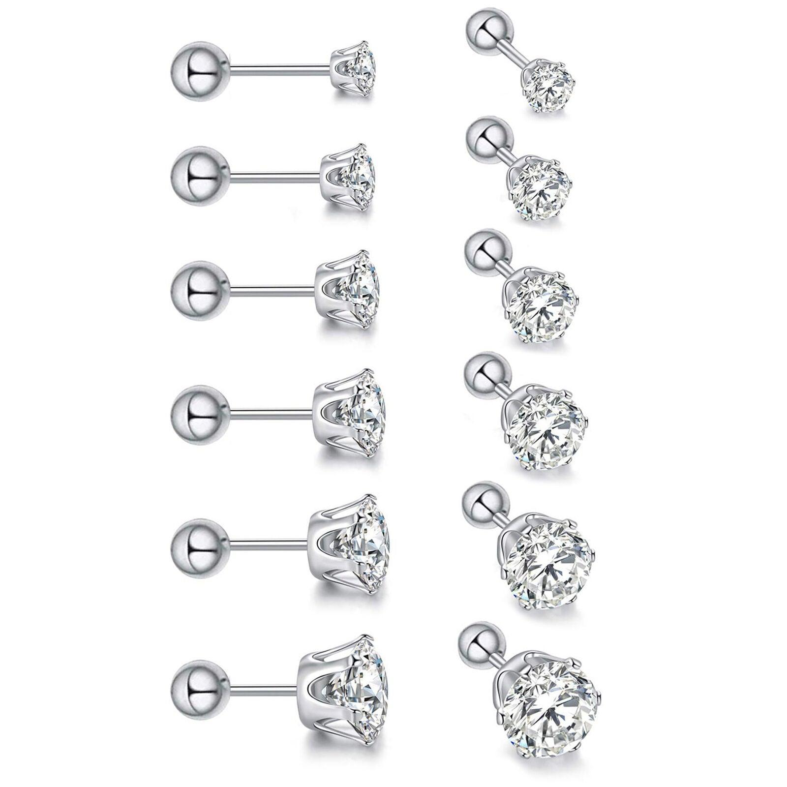 Stud Earrings with Roundback 6 Pair Stainless Steel Round Cubic Zirconia for Men Women Children and Babies - Jewelry Store by Erik Rayo