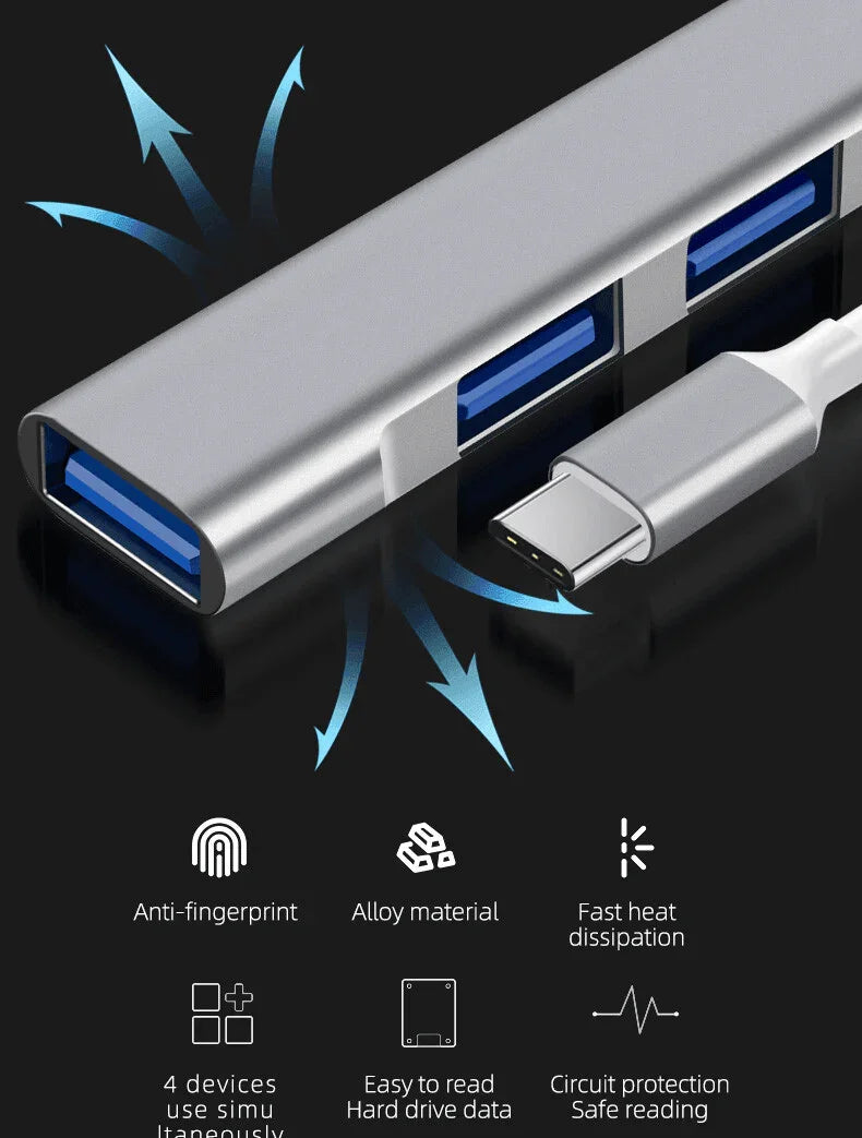 USB-C Type C to USB 3.0 4 Port Hub Splitter For PC Mac Phone MacBook Pro iPad - Jewelry Store by Erik Rayo