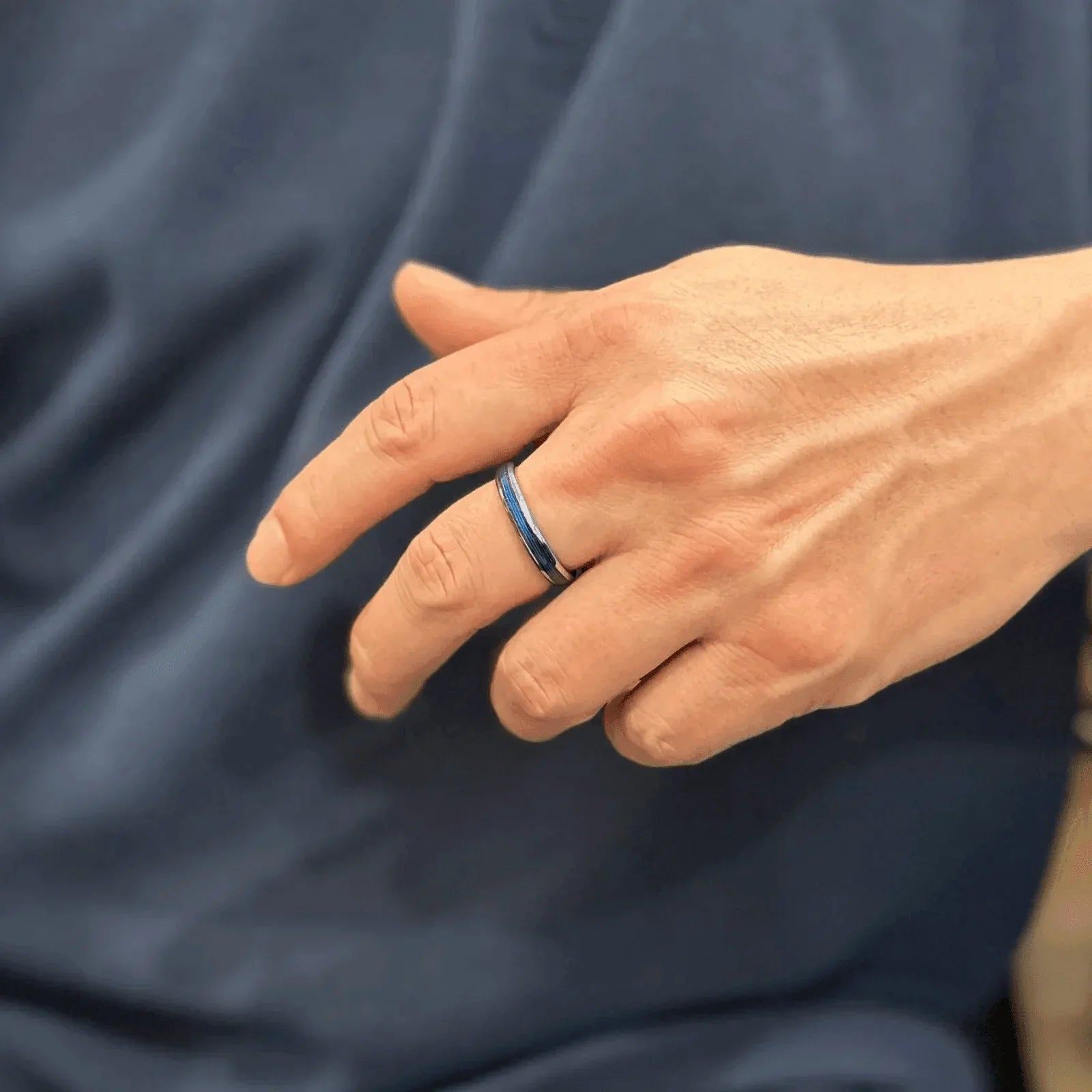 Silver Blue Fishing Line Wedding Band Ring for Men and Women - Wedding Rings for Engagement - Jewelry Store by Erik Rayo