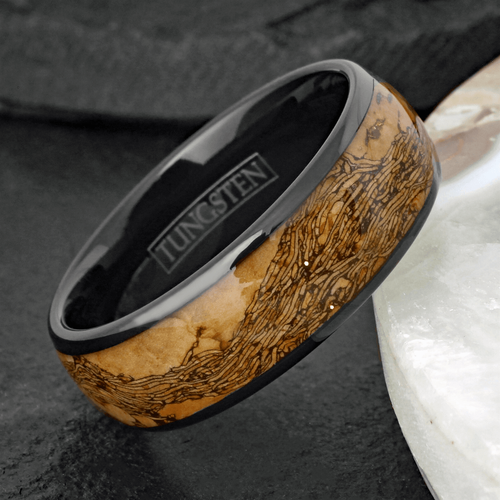 Tan Wood Wedding Band Ring for Men Black Tungsten Carbide with Black Grain - Jewelry Store by Erik Rayo