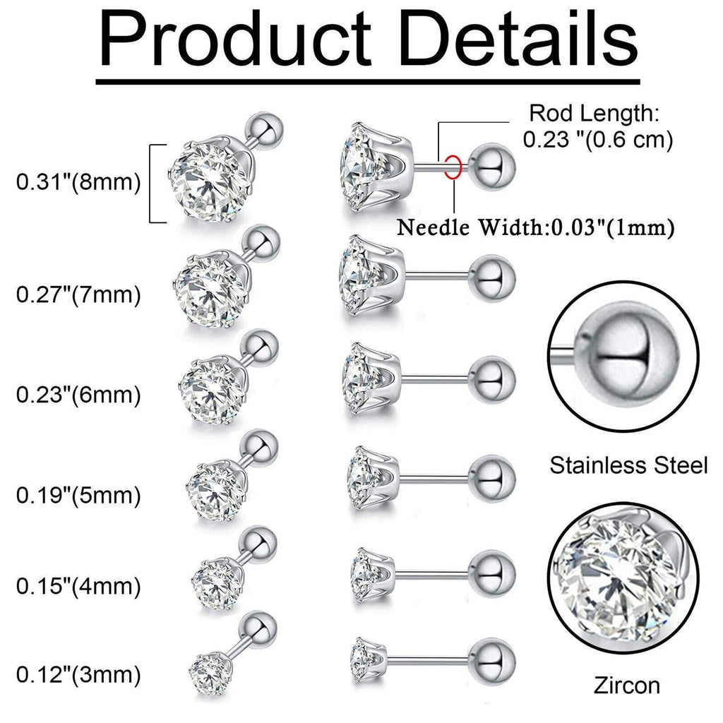 Stud Earrings with Roundback 6 Pair Stainless Steel Round Cubic Zirconia for Men Women Children and Babies - Jewelry Store by Erik Rayo
