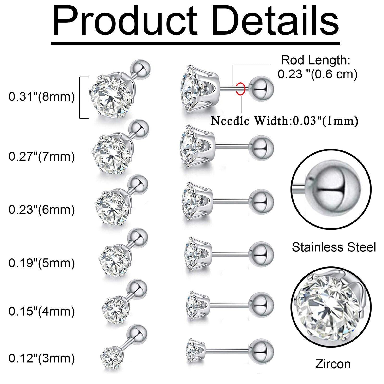 Stud Earrings with Roundback 6 Pair Stainless Steel Round Cubic Zirconia for Men Women Children and Babies - Jewelry Store by Erik Rayo