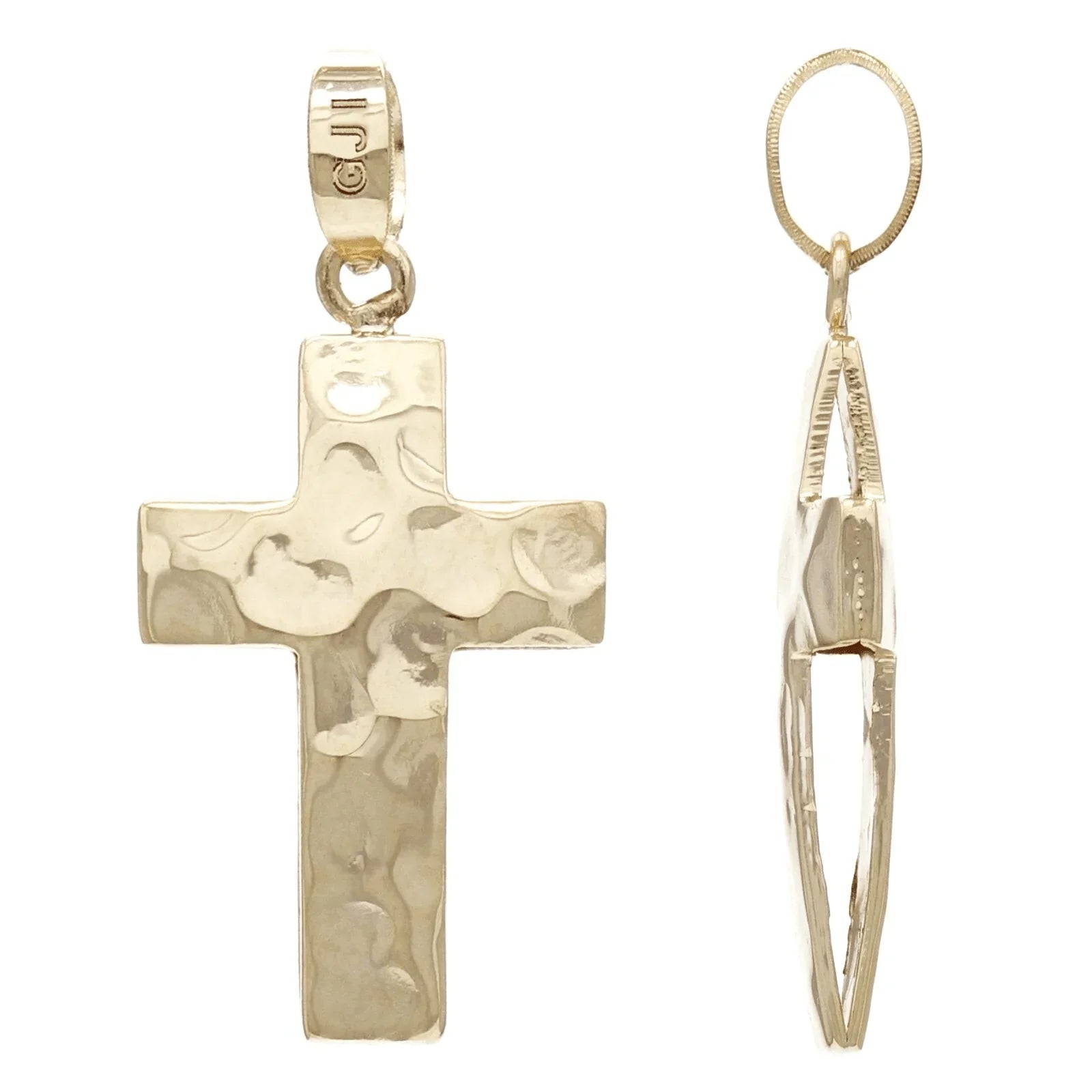 14k Yellow Gold Solid Hammered Metal: Texture Puffed Cross Charm Pendant 1.3grams - Jewelry Store by Erik Rayo